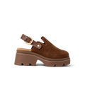 Vista Luxe Solene women's brown suede platform clog facing left, showing adjustable buckle strap and cushioned sole.