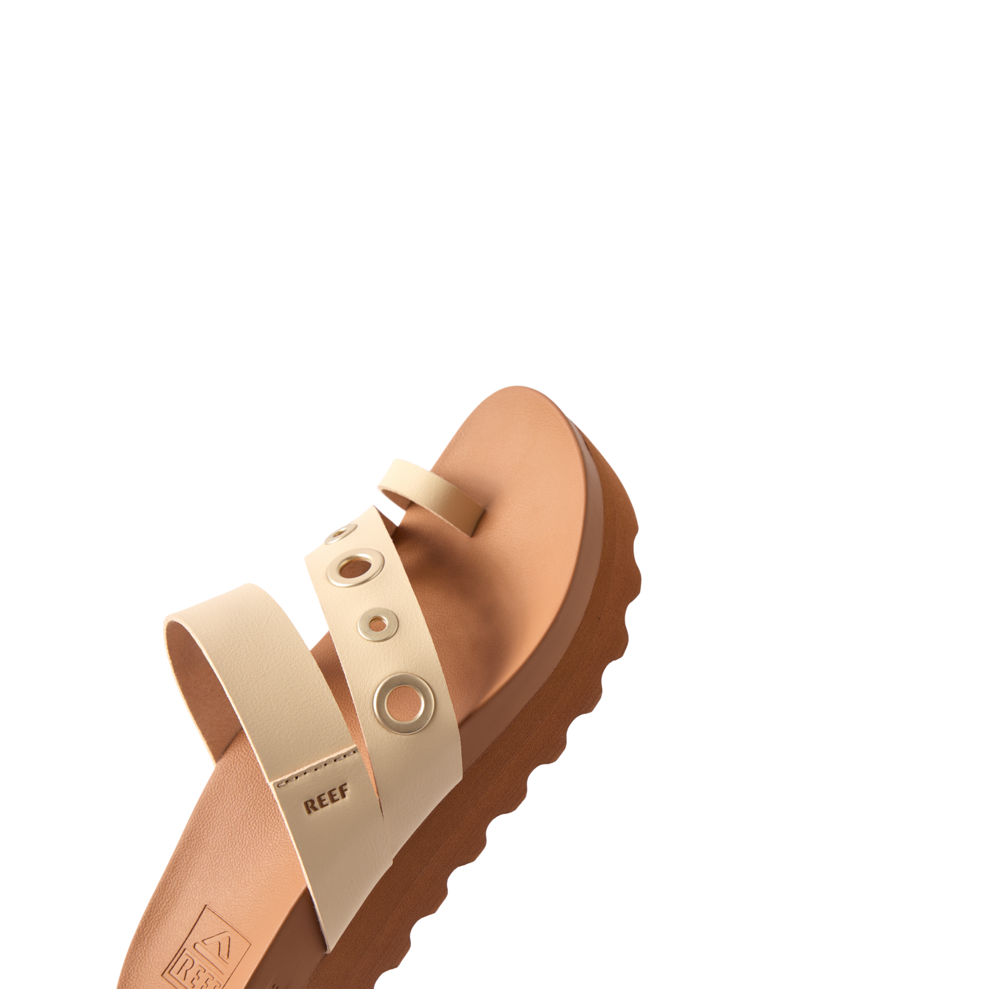 Vista Hi Layla sandal facing left, close-up on upper straps and toe post with cushioned arch support and durable sole.