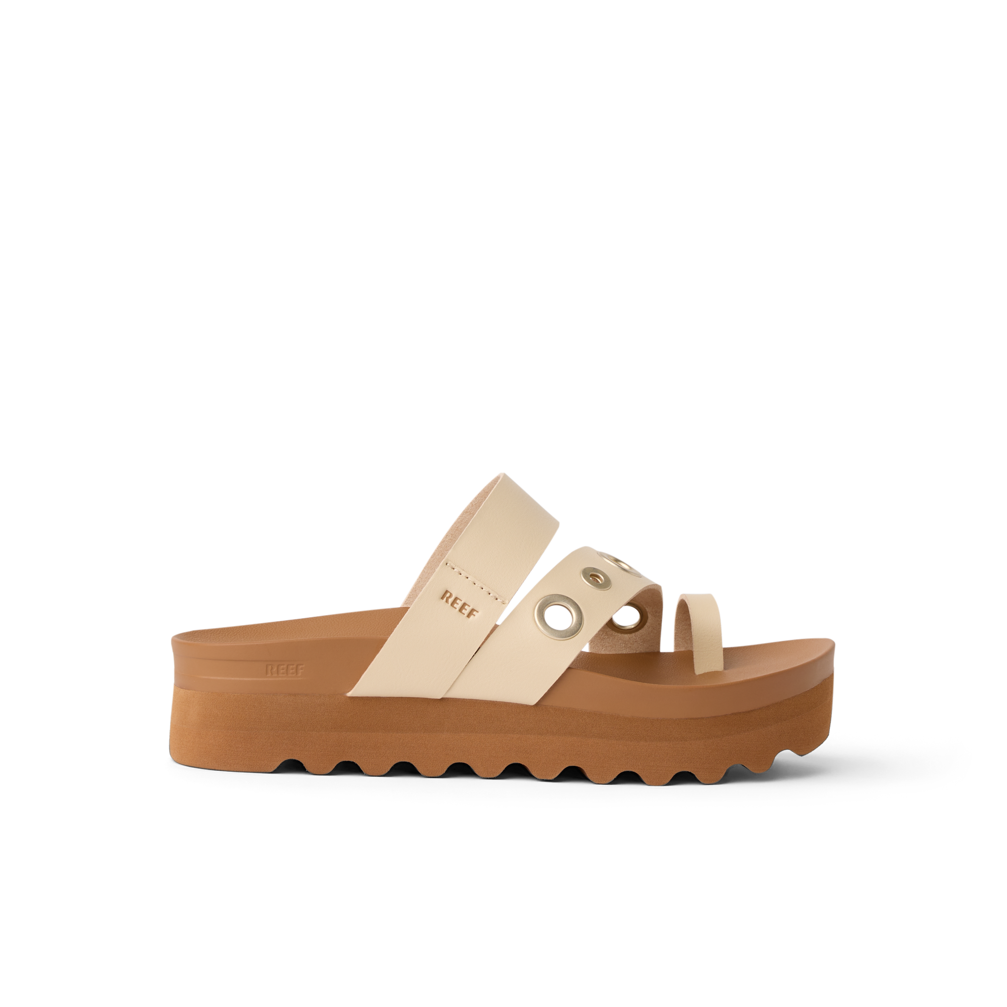 Vista Hi Layla women's sandal facing left, featuring layered sole, anatomical arch support, and soft cushioning for beach comfort.