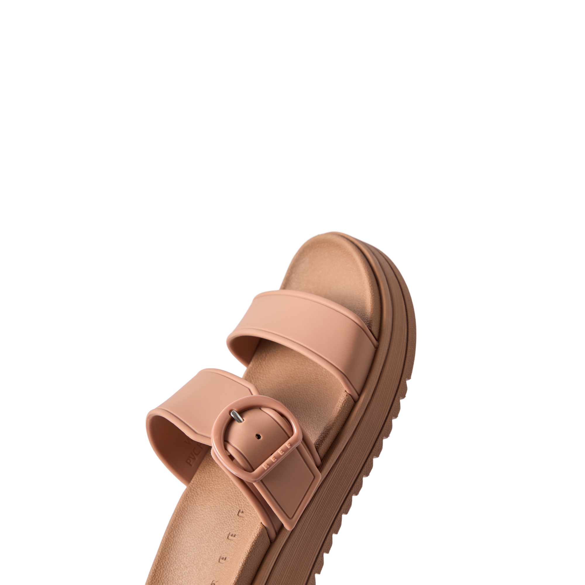 Vista Capri women's sandal facing right, close-up of cushioned footbed and adjustable buckle straps in tan color.