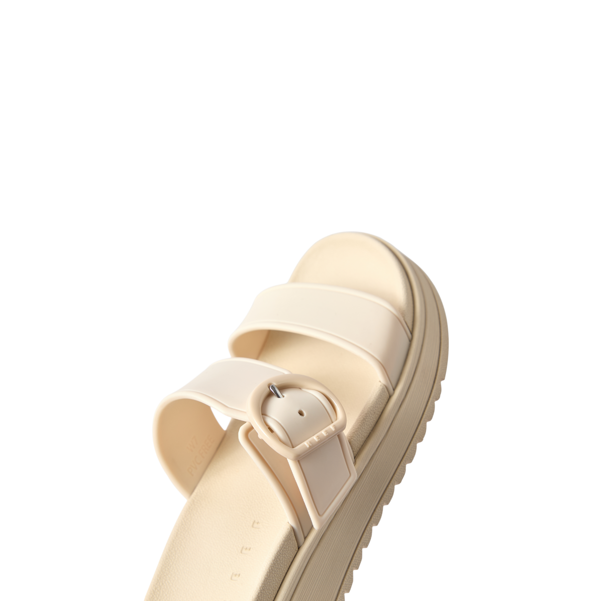 Vista Capri women's sandal facing left, close-up of front straps with buckle, featuring cushioned footbed for comfort.
