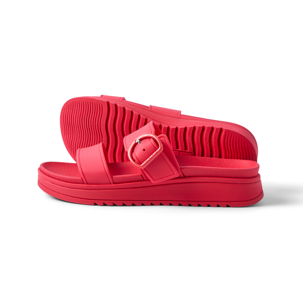 Vista Capri women's red platform sandals facing right, showing side profile and sole tread with arch support features.