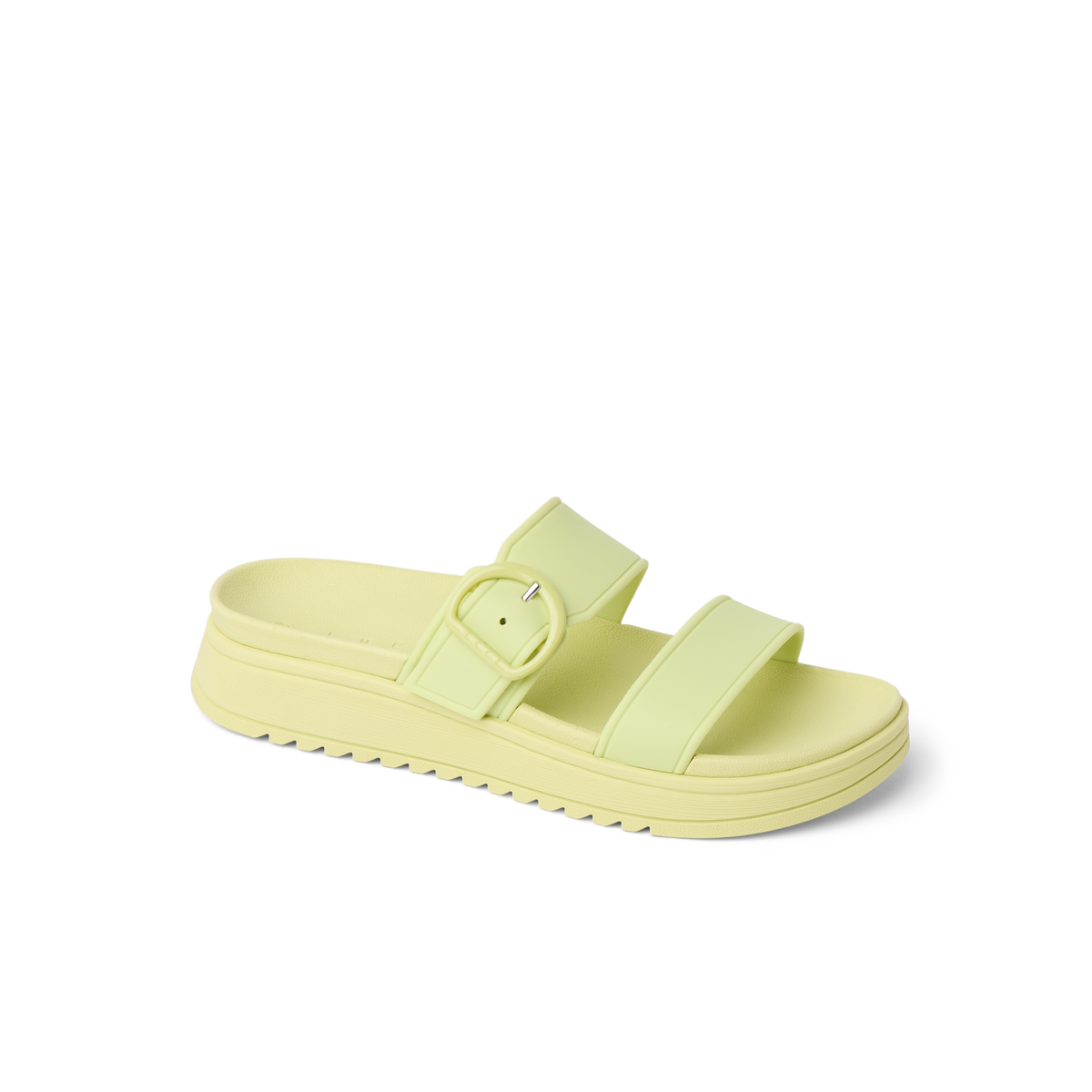 Vista Capri women's sandal facing right, lime sherbet color, featuring two straps with buckle and comfortable cushioned sole.