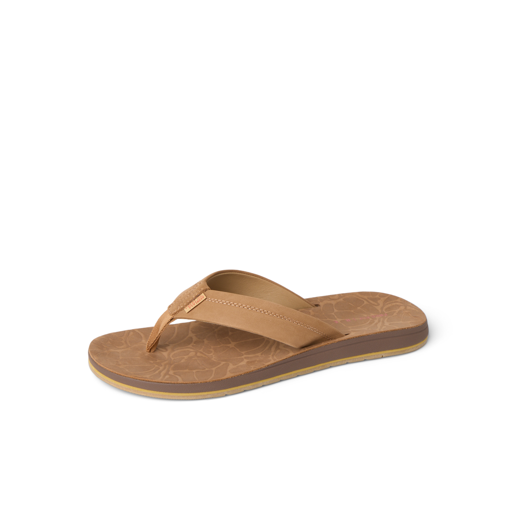 Free Fly X Ojai men's brown leather sandal facing right with cushioned footbed and water-friendly outsole for beach comfort
