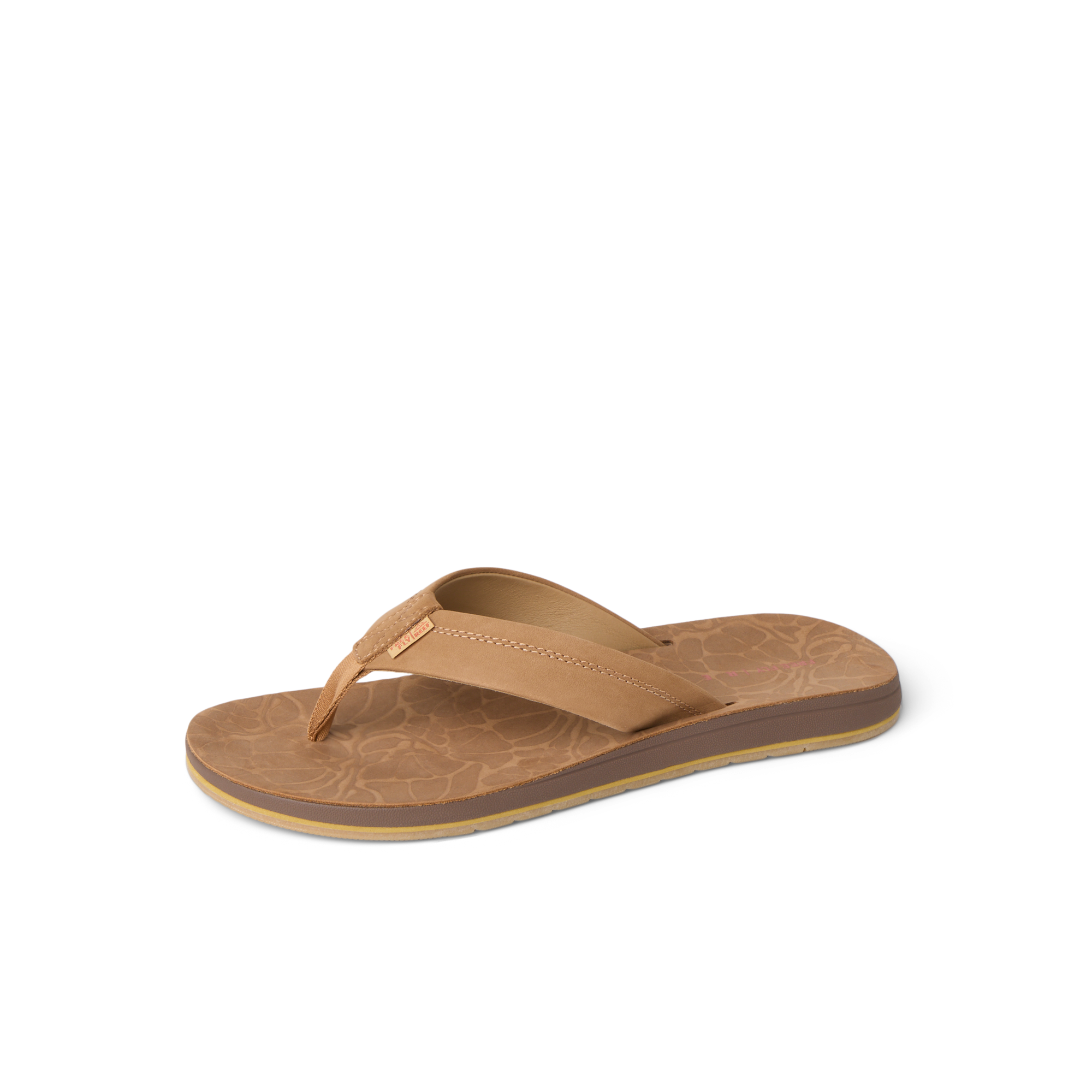 Free Fly X Ojai men's brown leather sandal facing right with cushioned footbed and water-friendly outsole for beach comfort
