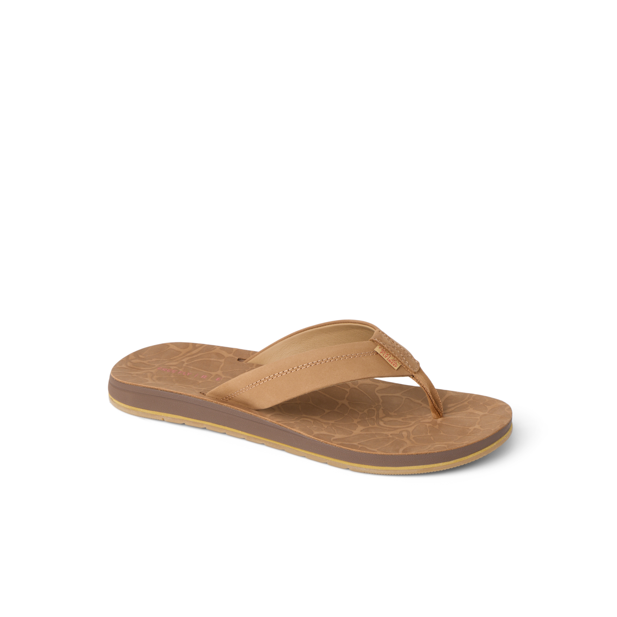 Free Fly X Ojai men's tan leather sandal facing right with cushioned footbed and water-friendly sole for beach comfort