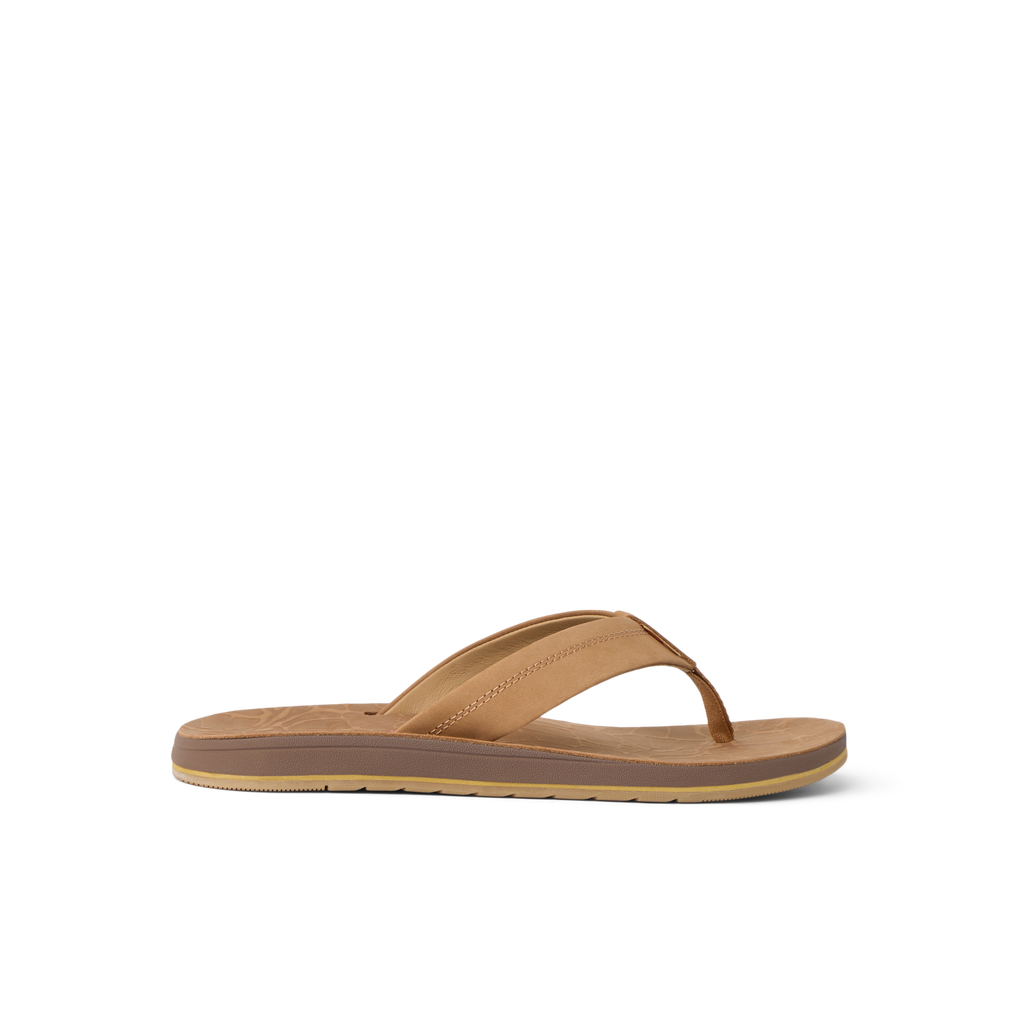 Free Fly X Ojai men's brown leather sandal facing left with cushioned footbed and water-friendly durable sole for beach comfort