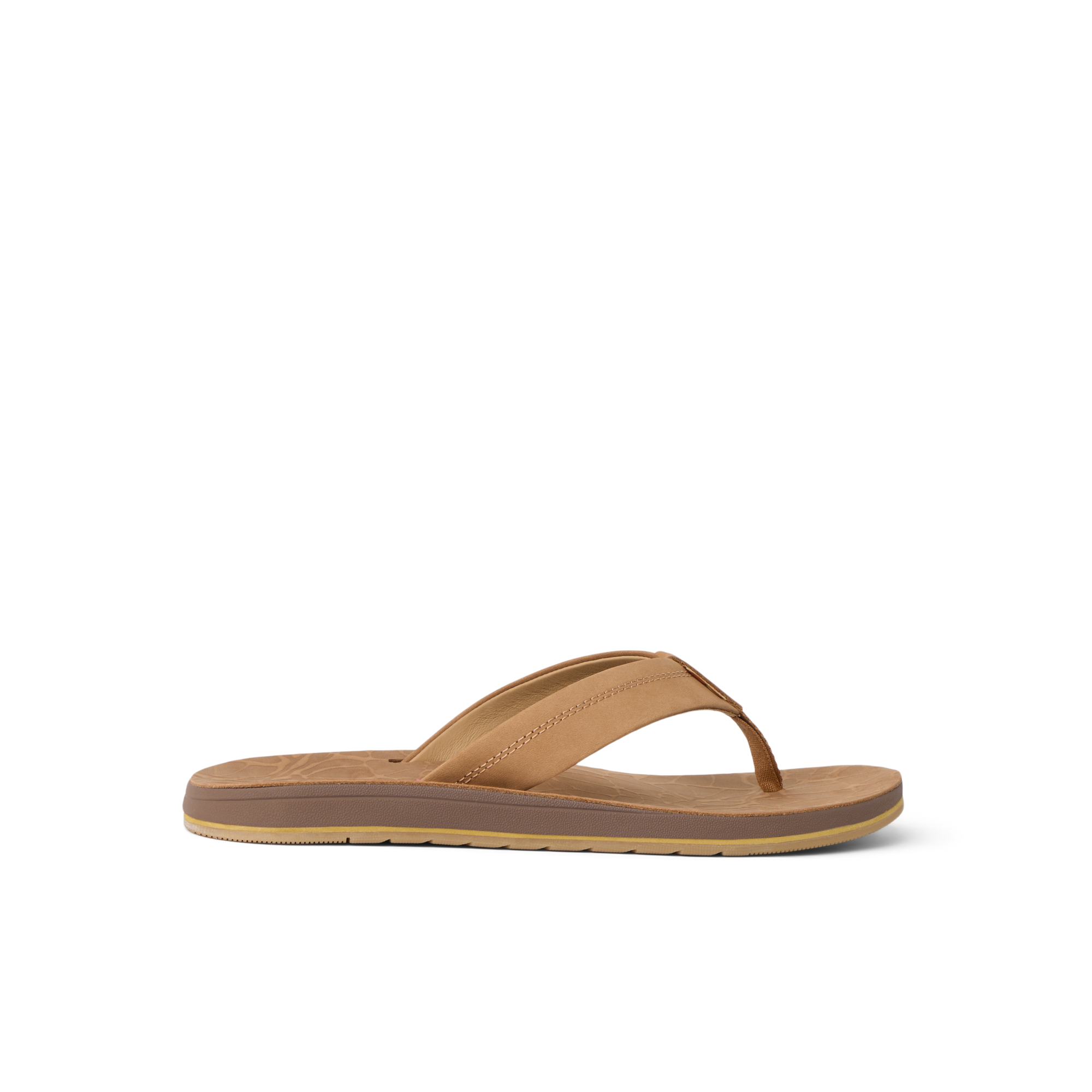 Free Fly X Ojai men's brown leather sandal facing left with cushioned footbed and water-friendly durable sole for beach comfort