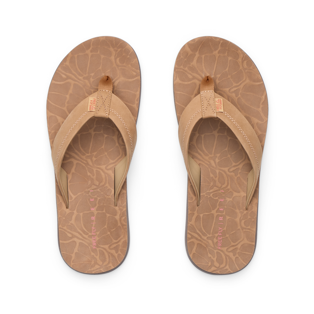Free Fly X Ojai men's brown leather sandals top view showing cushioned footbed with anatomical arch support for water-friendly comfort