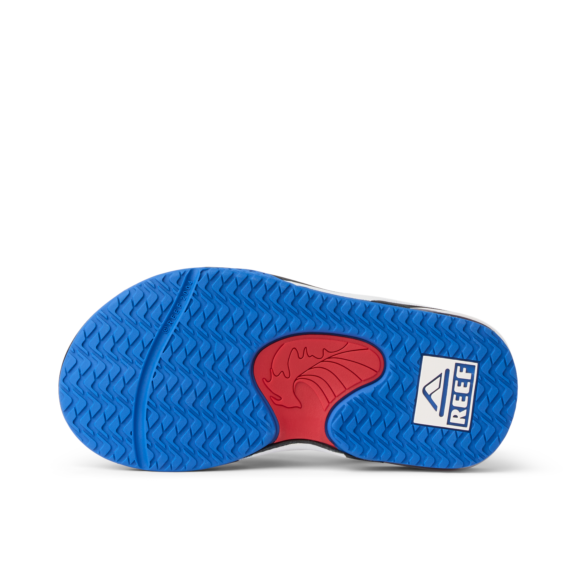 Little Fanning boys’ sandal sole facing up showing blue and red water-friendly outsole with Reef logo for comfort.