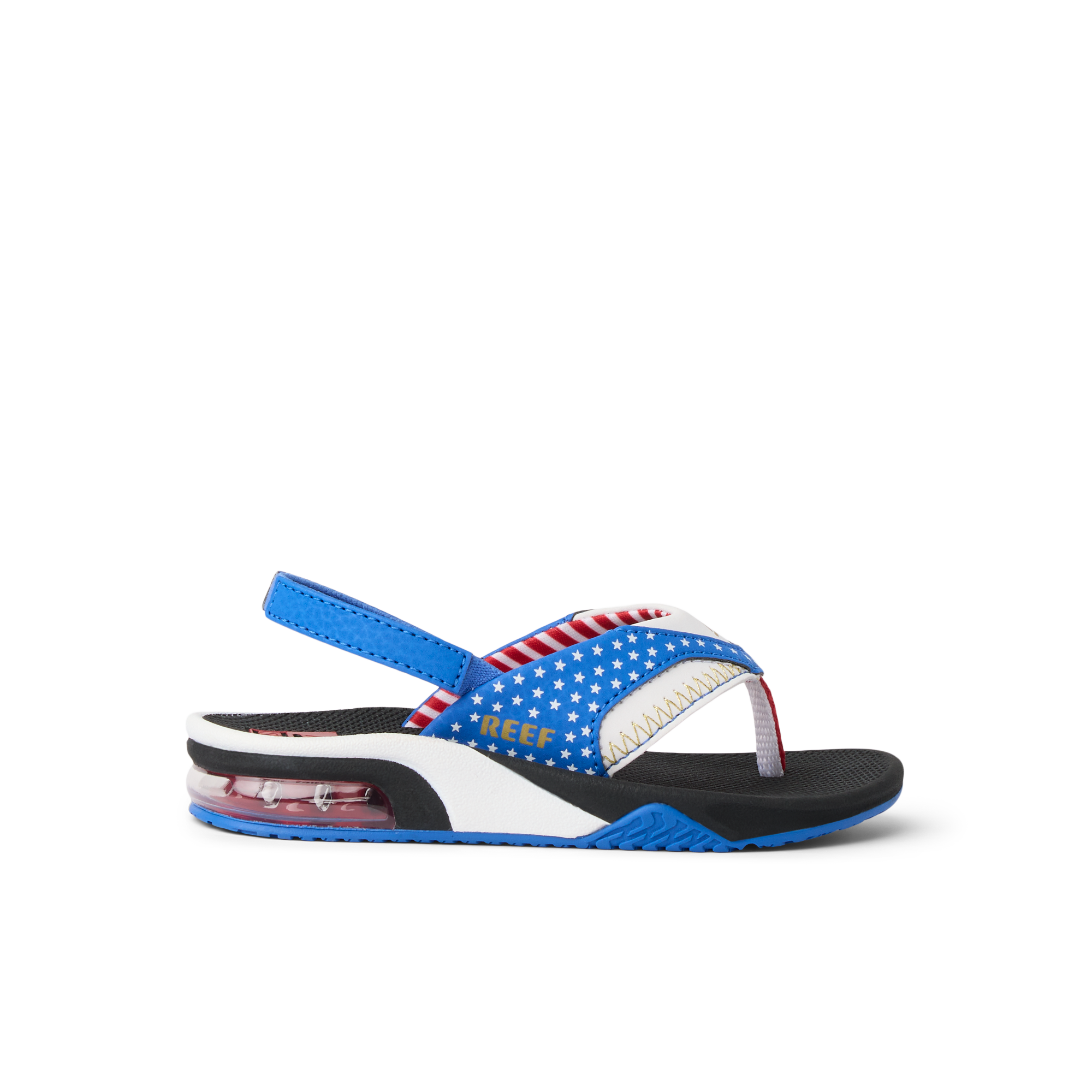 Little Fanning boys' sandal facing right with surf-inspired design, soft cushioning, and anatomical arch support.