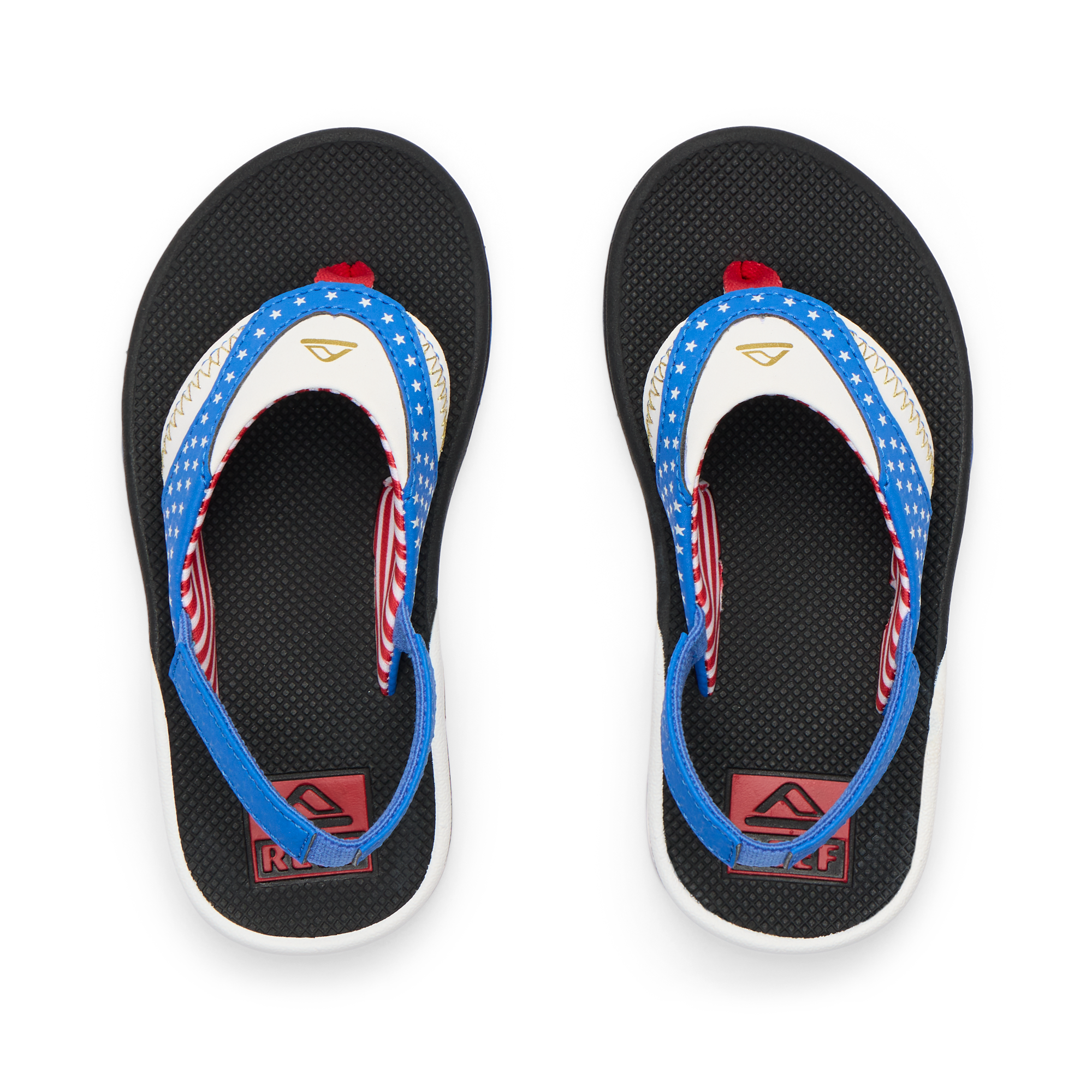 Little Fanning boys' sandals top view with blue, white, and red straps, featuring comfy arch support and soft cushioning.
