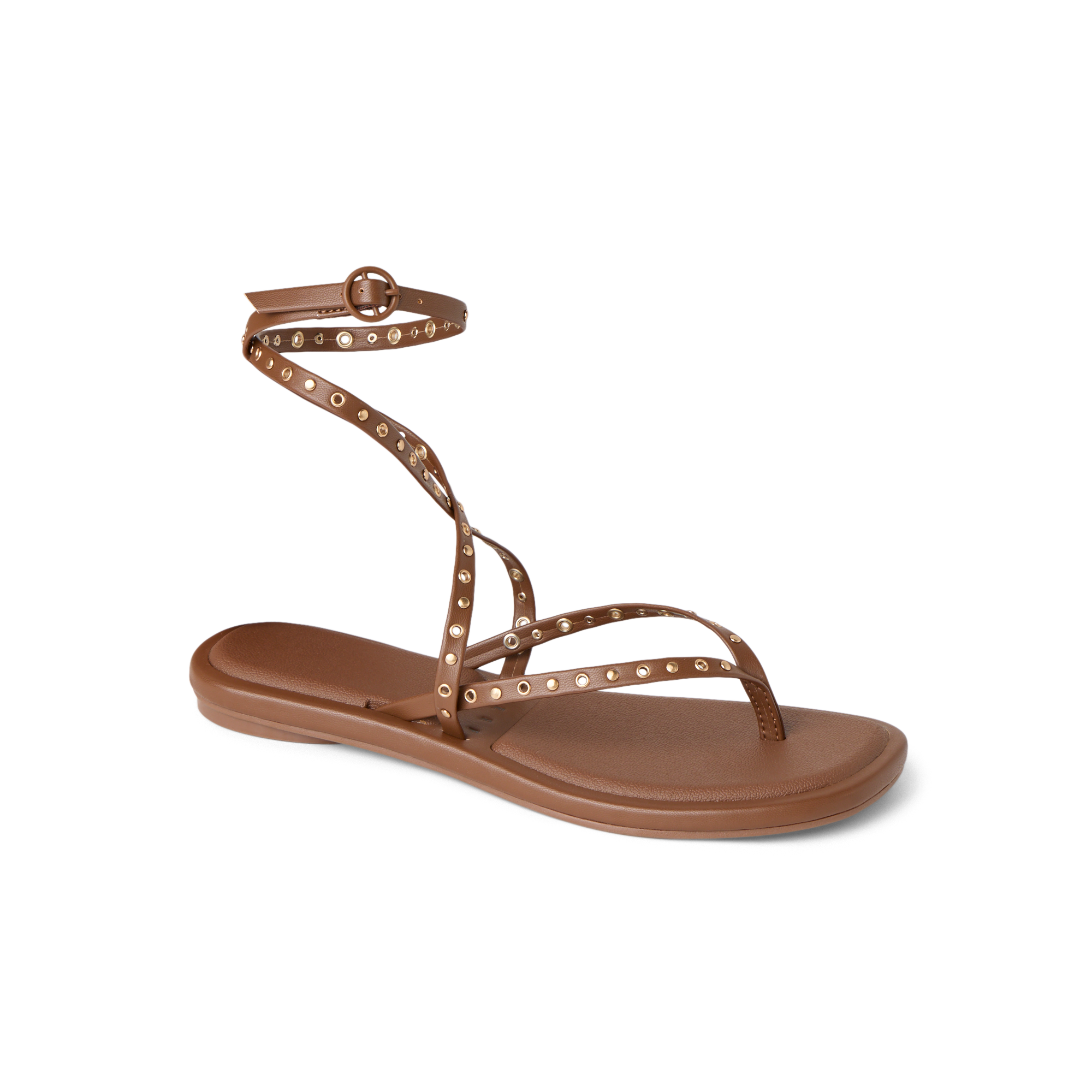 Willow Quinn Studs sandal facing left, close-up of front and ankle straps with stud details for beach comfort.