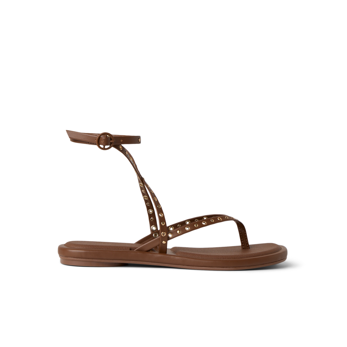 Willow Quinn Studs sandal in chocolate facing right, ankle strap with studs, soft cushioned sole for beach comfort.