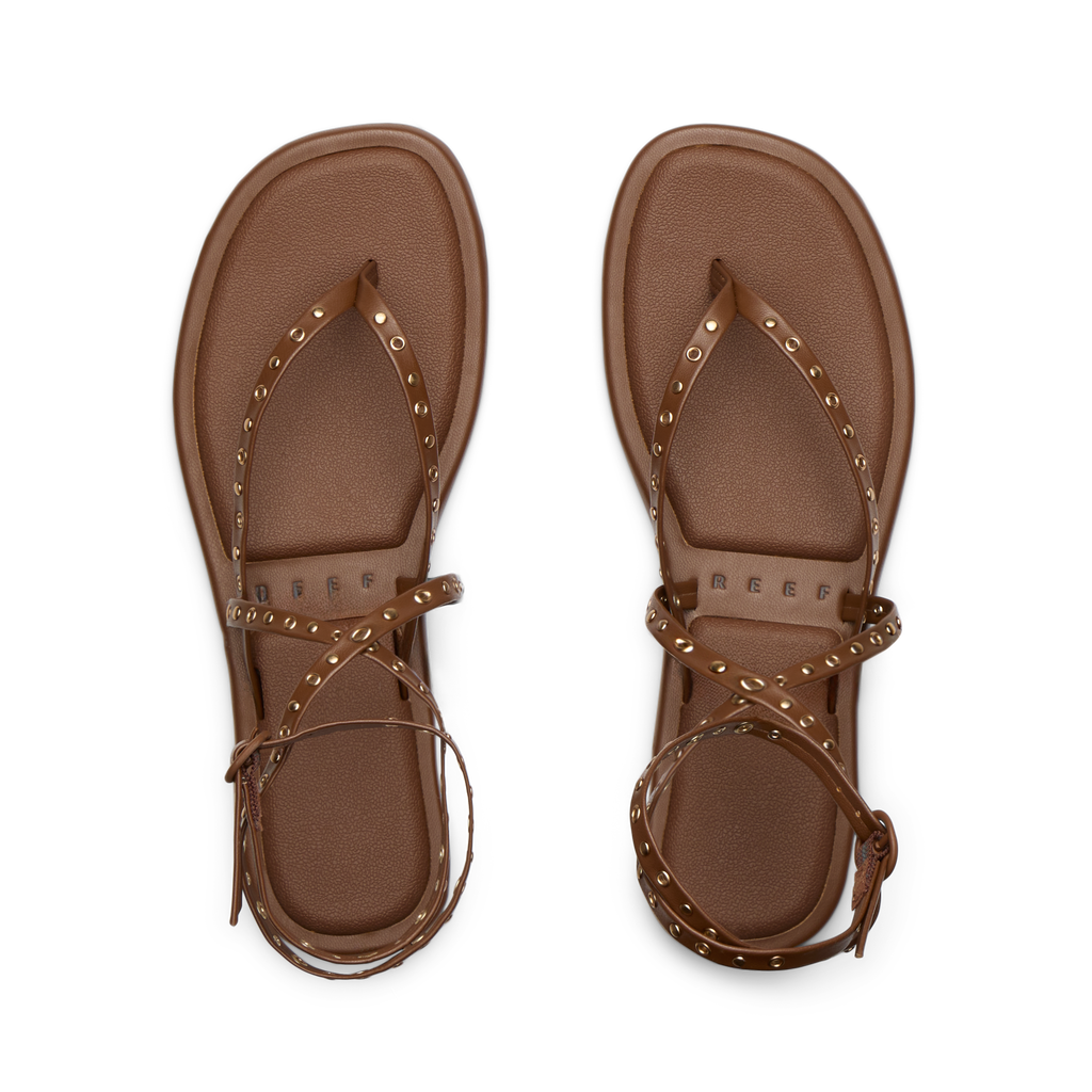 Willow Quinn Studs brown women's sandals top view showing footbed and studded straps designed for comfort and beach wear