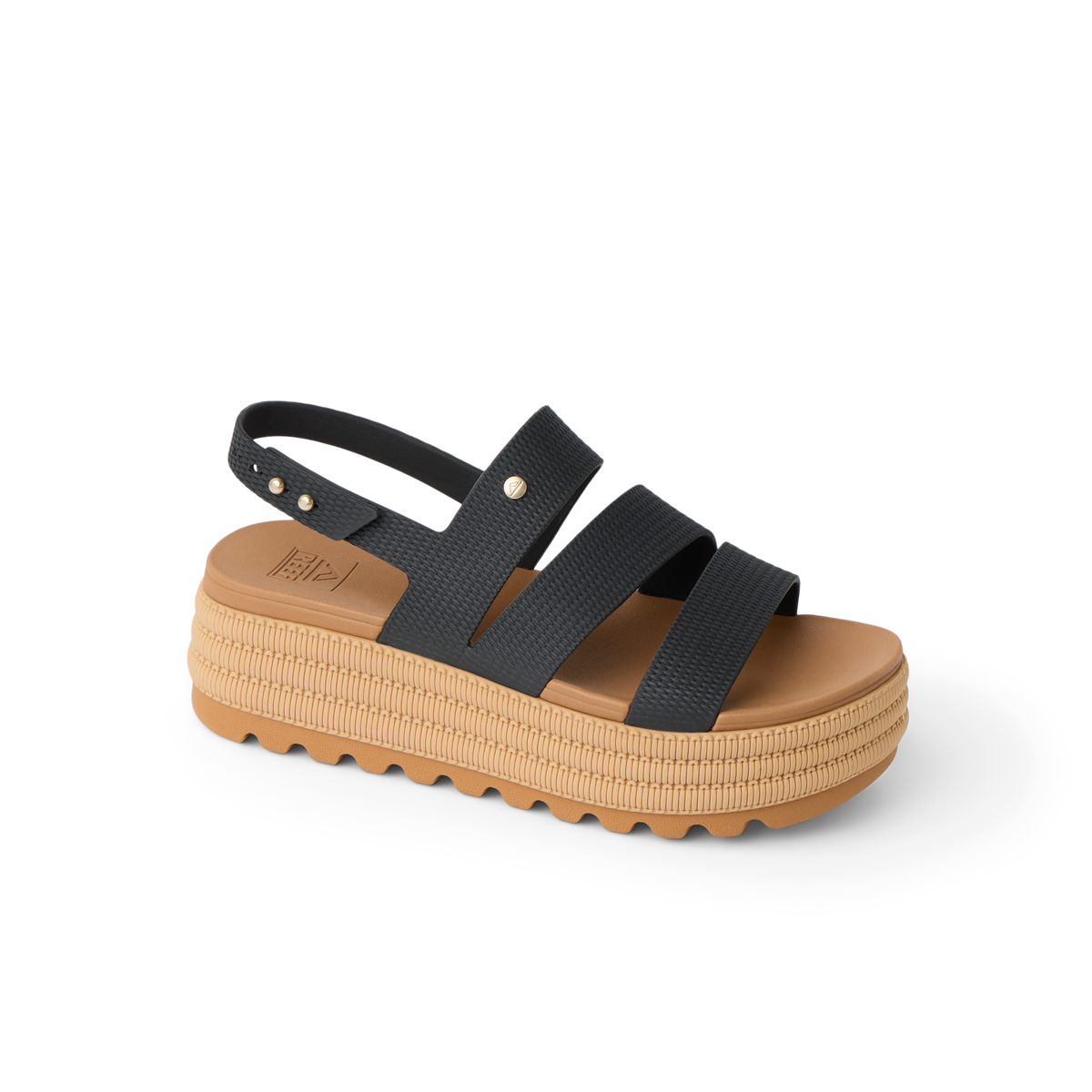 Water Vista Higher 2 sandal facing right, black straps with tan platform sole, offering beach comfort and support.