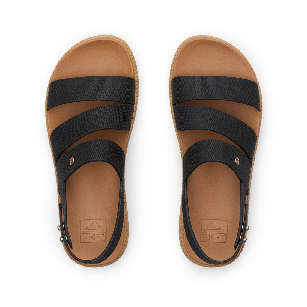Water Vista Higher 2 women's black and tan sandals top view, facing up, with anatomical arch support and soft cushioning.