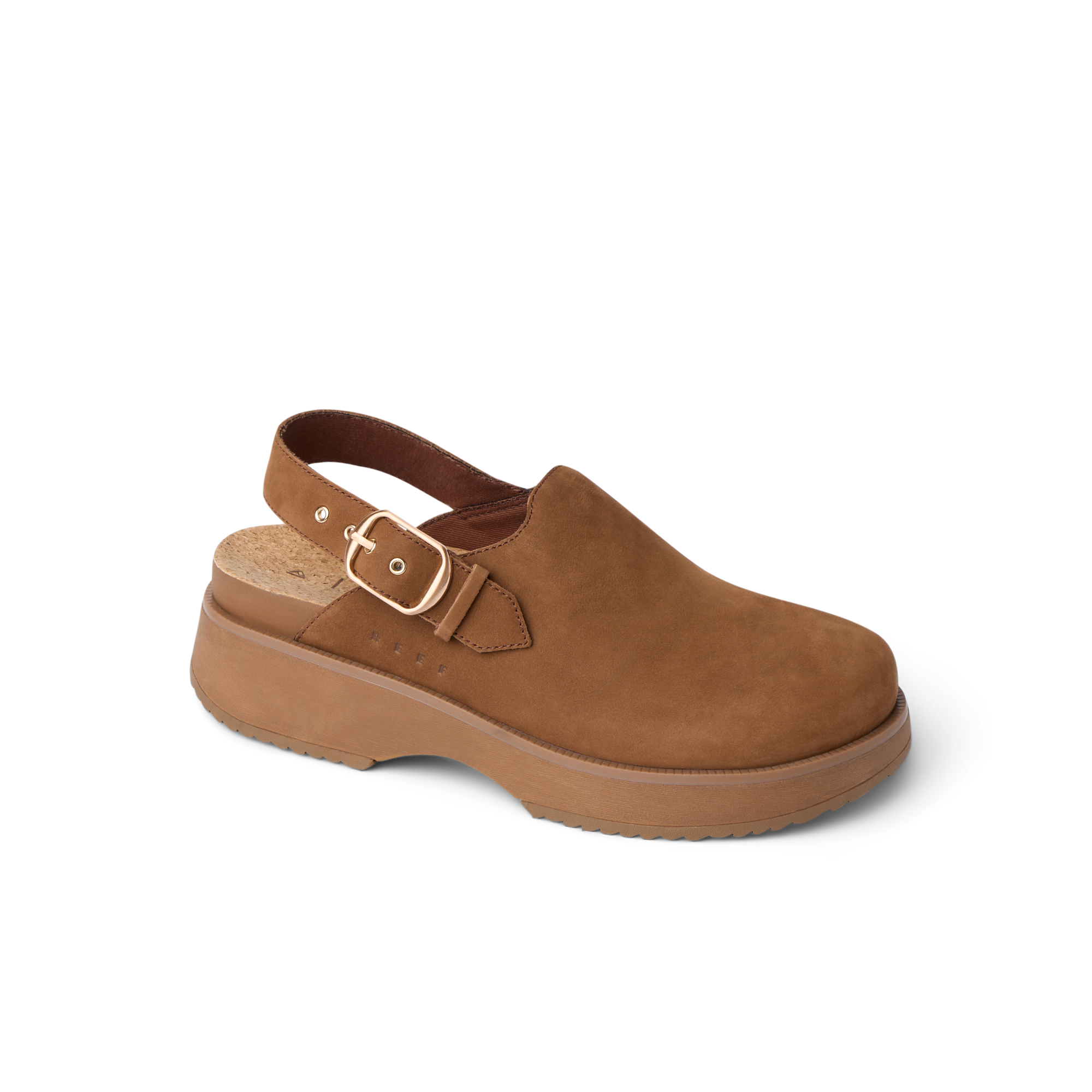 Vista Skye Rosa clog facing left with adjustable backstrap, brown suede, designed for comfort and beach-inspired wear.