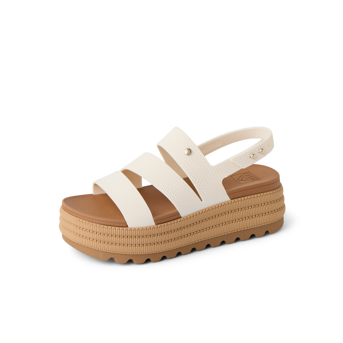 Water Vista Higher 2 women's sandal facing right, close-up of cushioned platform sole and white straps with arch support.