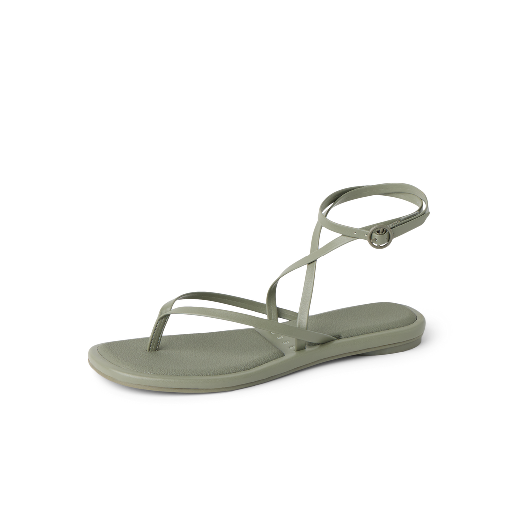 Willow Quinn women's sandal in muted green with thin straps and ankle buckle for everyday comfort and style