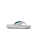 Side view of Rover + white and blue sandal with anatomical arch support and soft cushioning for beach comfort