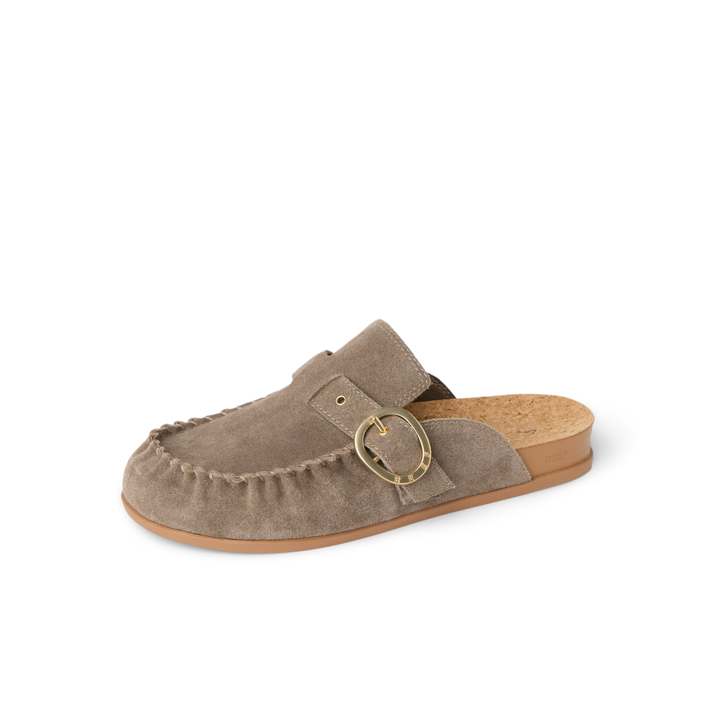 Vista Siena facing left, women's driftwood suede slip-on clog with gold buckle, cushioned cork footbed, and arch support