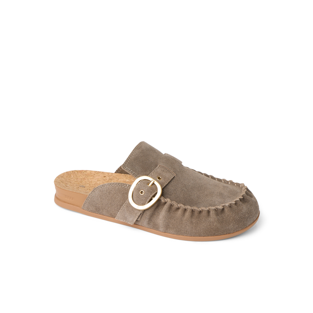 Vista Siena facing left, women's driftwood suede slip-on clog with buckle, cushioned footbed, and arch support for comfort.