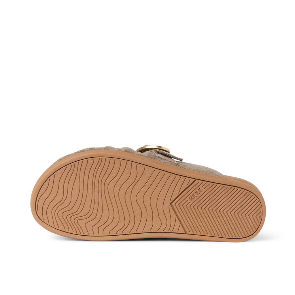 Vista Siena showing sole facing up, driftwood suede slip-on clog with textured rubber outsole for durable traction and comfort.