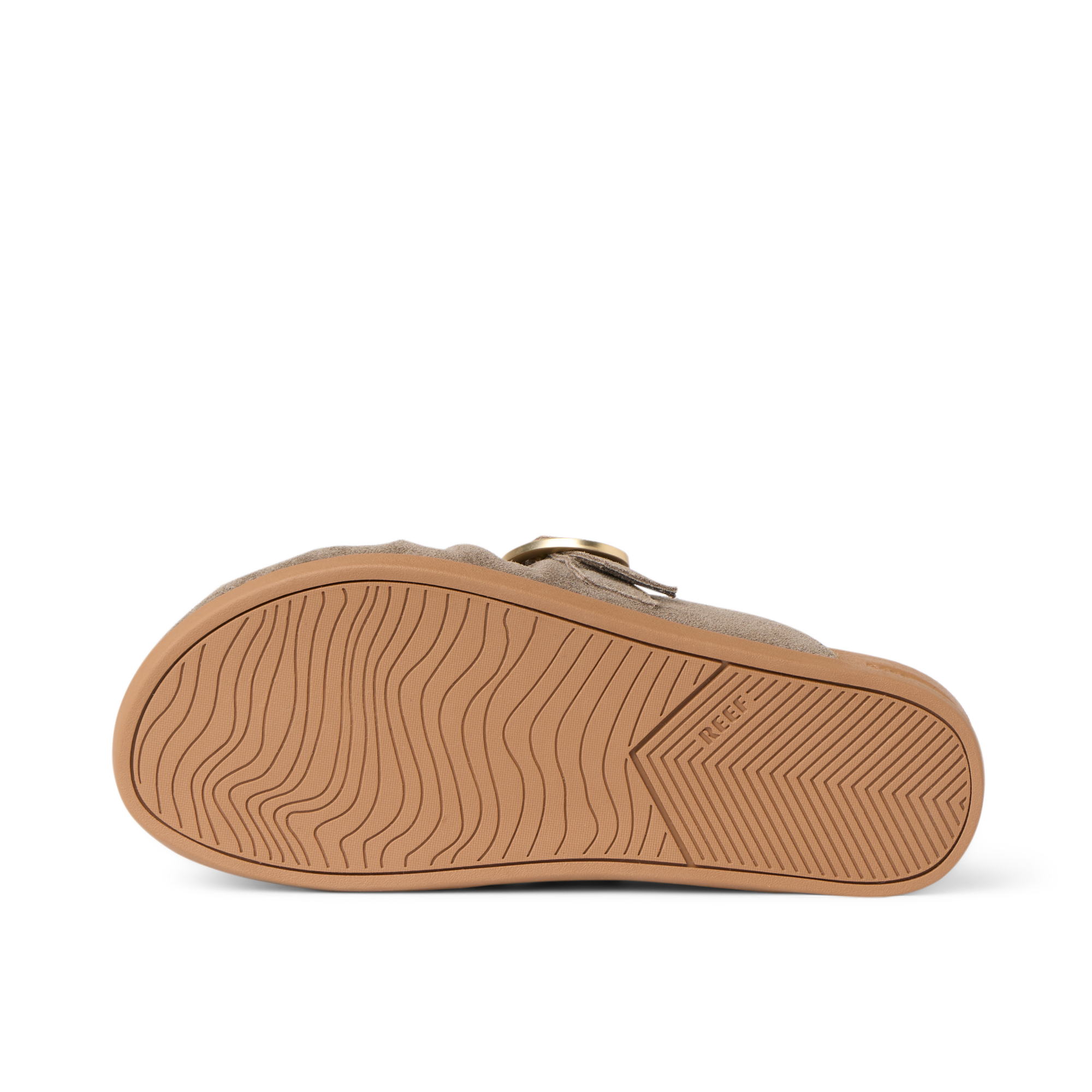 Vista Siena showing sole facing up, driftwood suede slip-on clog with textured rubber outsole for durable traction and comfort.