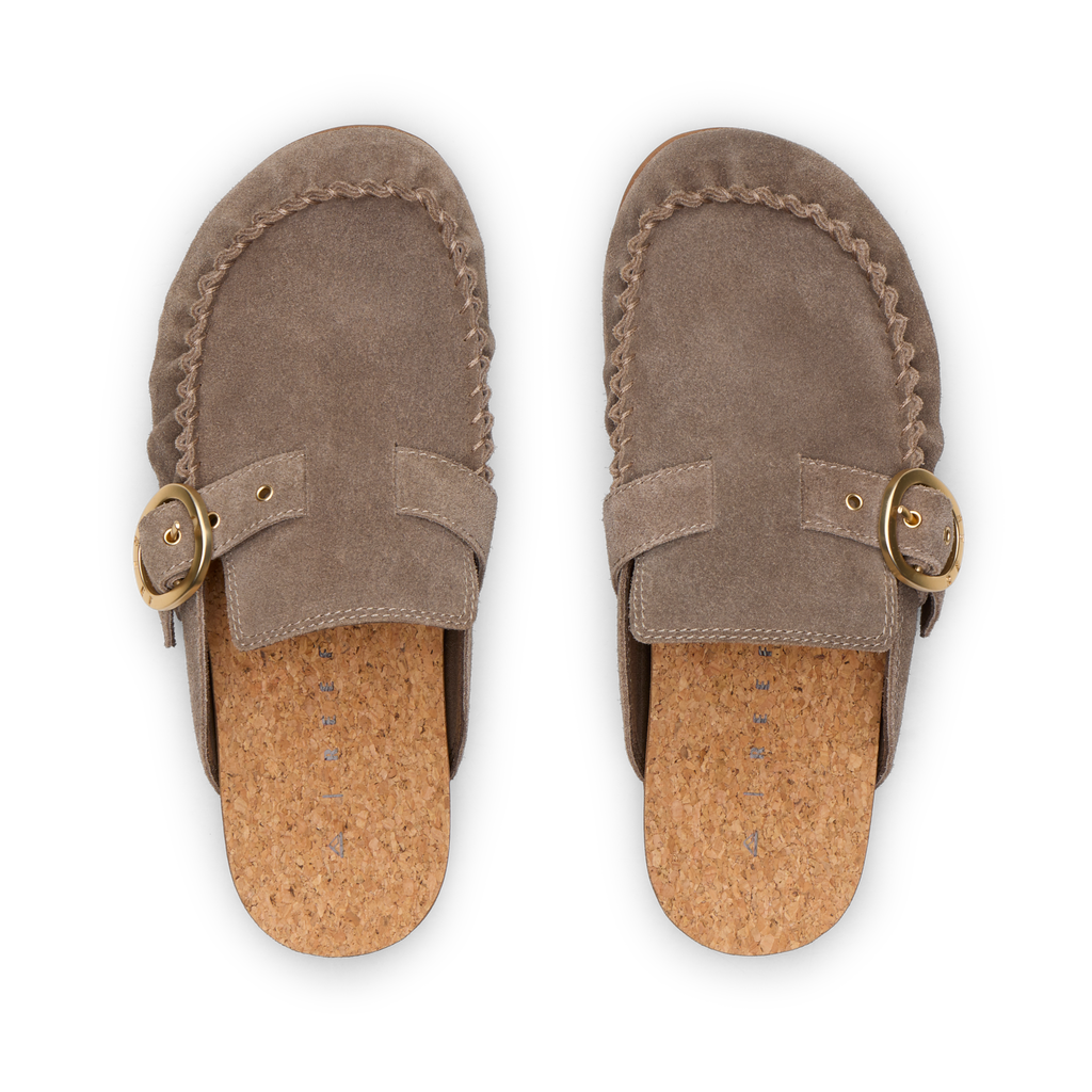Top view of Vista Siena driftwood suede slip-on clogs with buckle, cushioned cork footbed, and arch support for comfort