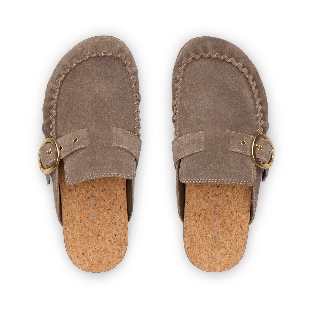 Top view of Vista Siena driftwood suede slip-on clogs with buckle, cushioned cork footbed, and arch support for comfort