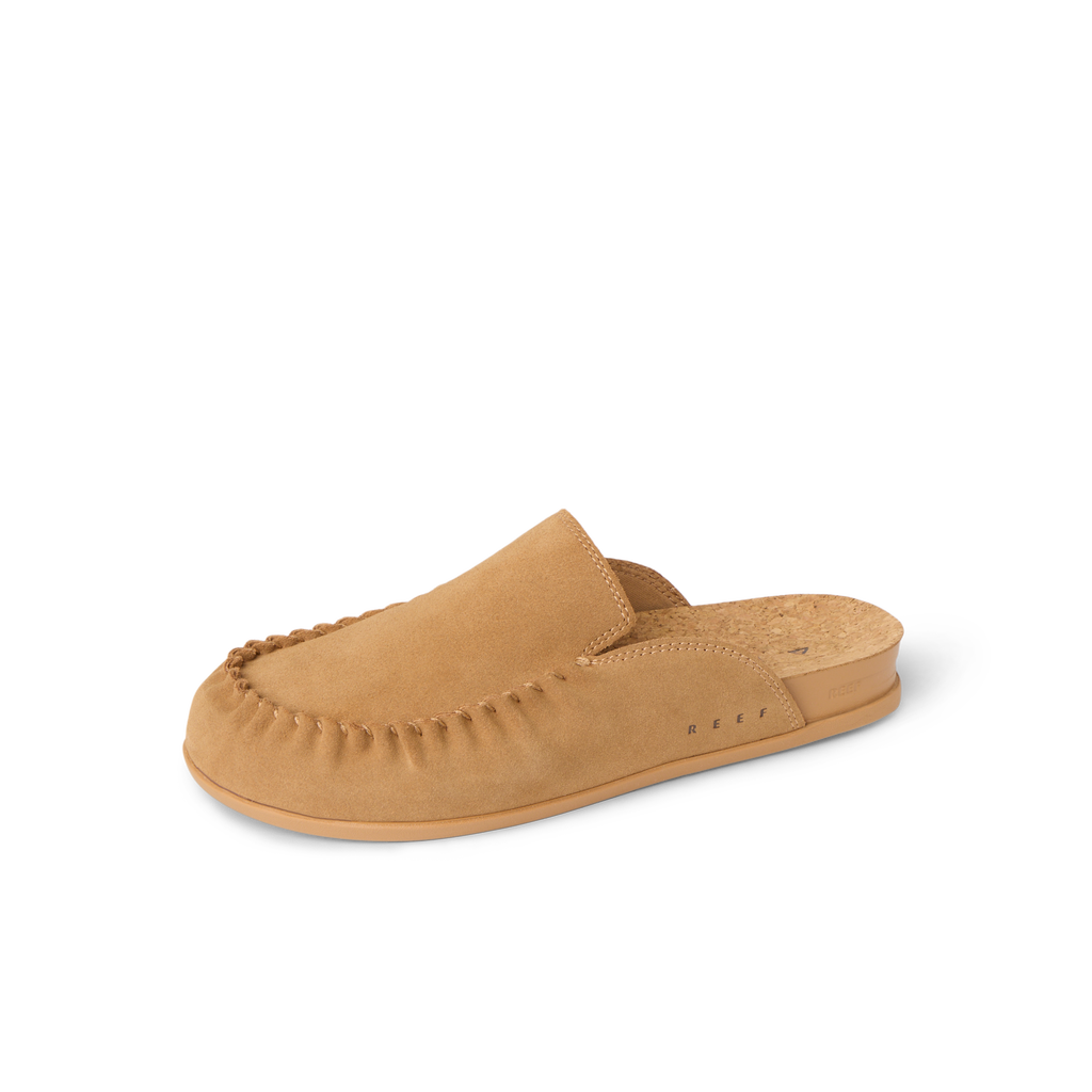 Vista Myra facing left, women's tan suede clog mule with soft-rebound cushioning and enhanced arch support for all-day comfort
