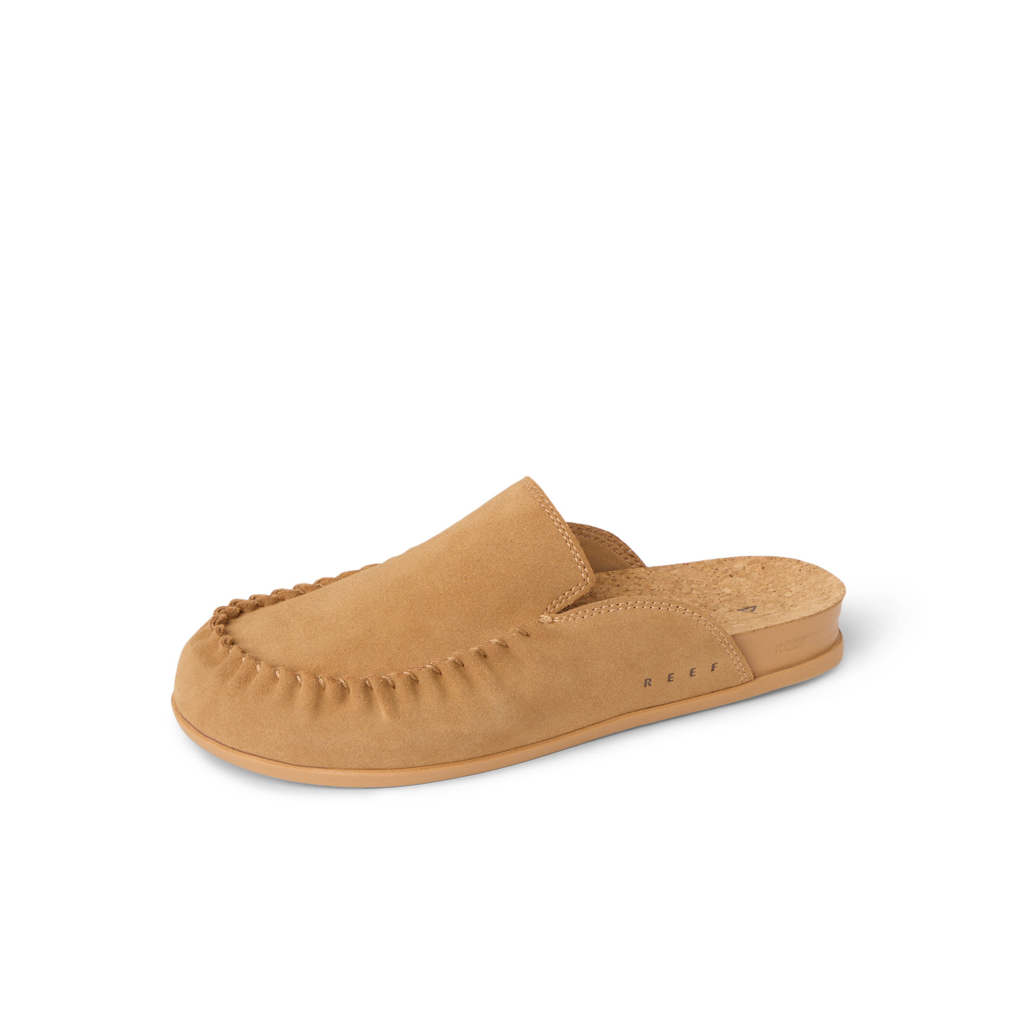 Vista Myra facing left, women's tan suede clog mule with soft-rebound cushioning and enhanced arch support for all-day comfort