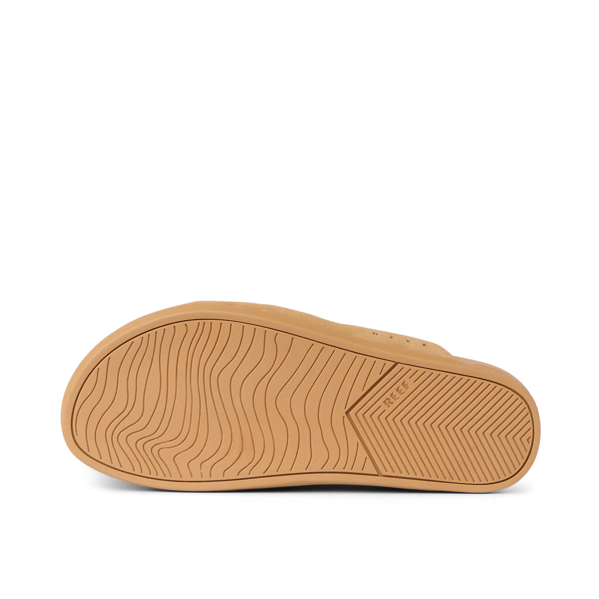 Sole view of the Vista Myra in tan suede, women's clog with durable rubber outsole featuring wave-inspired grip pattern.