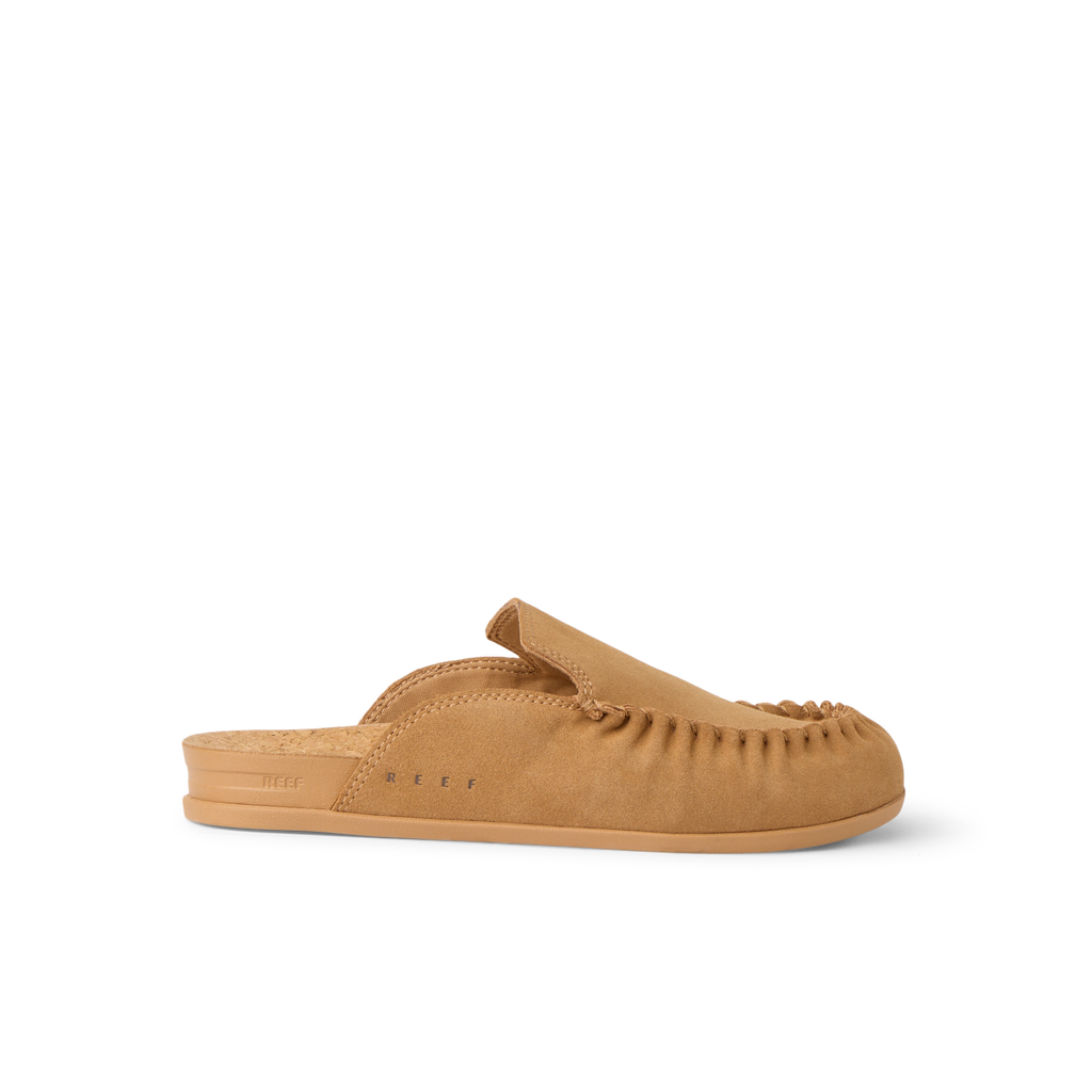 Vista Myra facing right, women's tan suede clog with easy slip-on design and cushioned arch support, beach-inspired comfort.