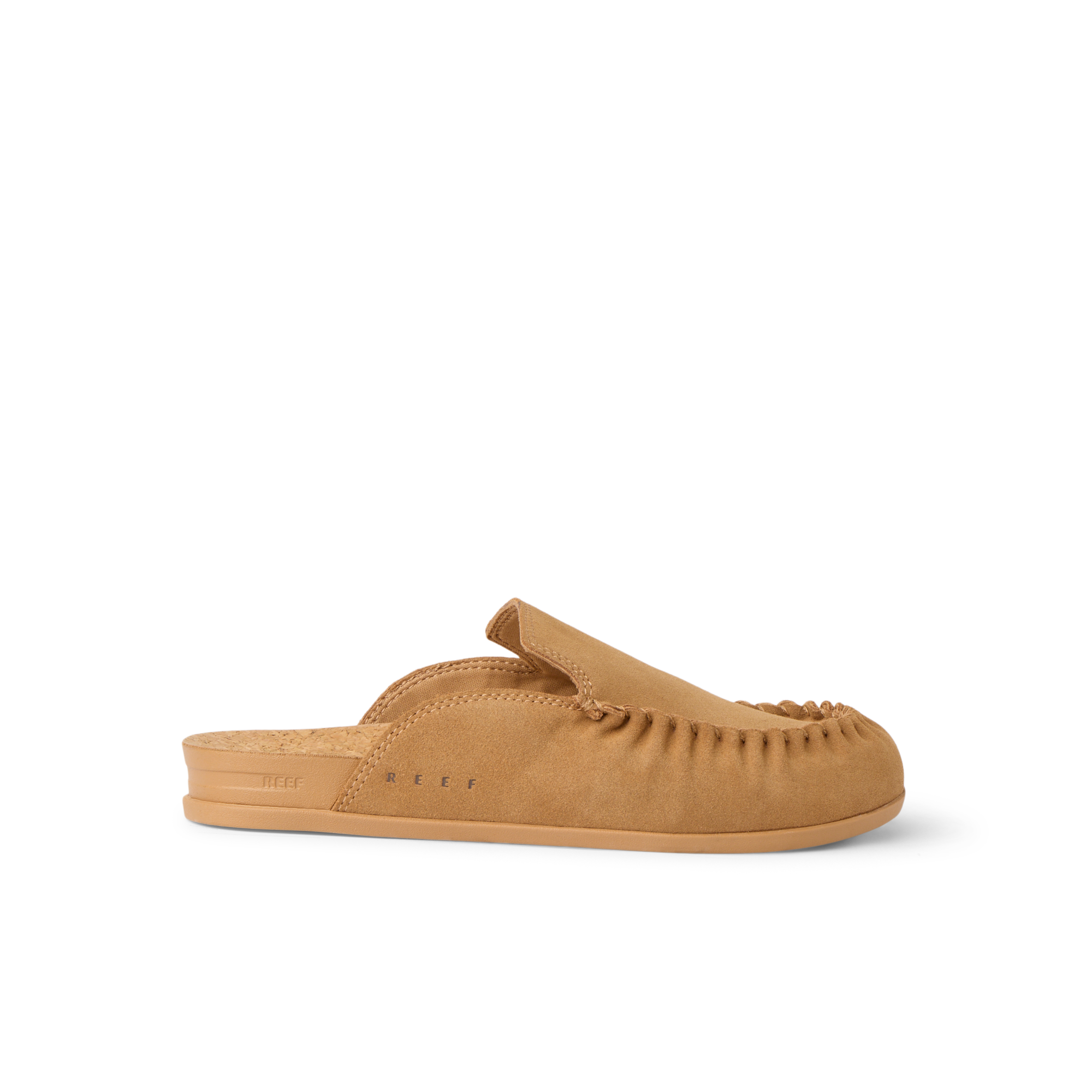 Vista Myra facing right, women's tan suede clog with easy slip-on design and cushioned arch support, beach-inspired comfort.