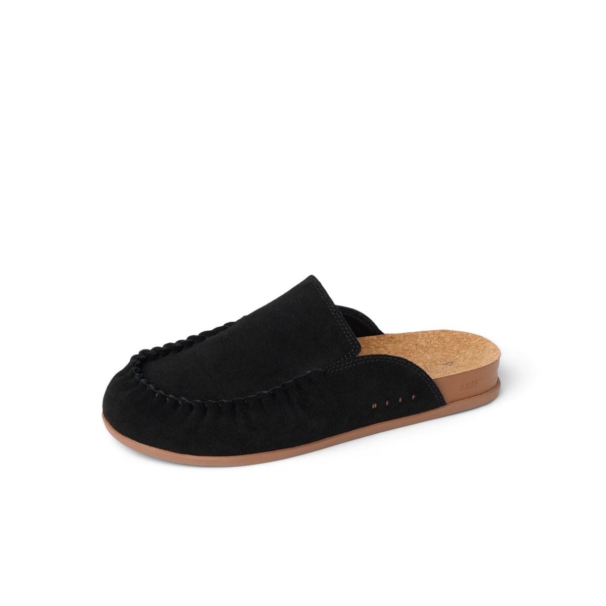 Vista Myra facing right, women's black suede clog mule with slip-on design and anatomical arch support for all-day comfort