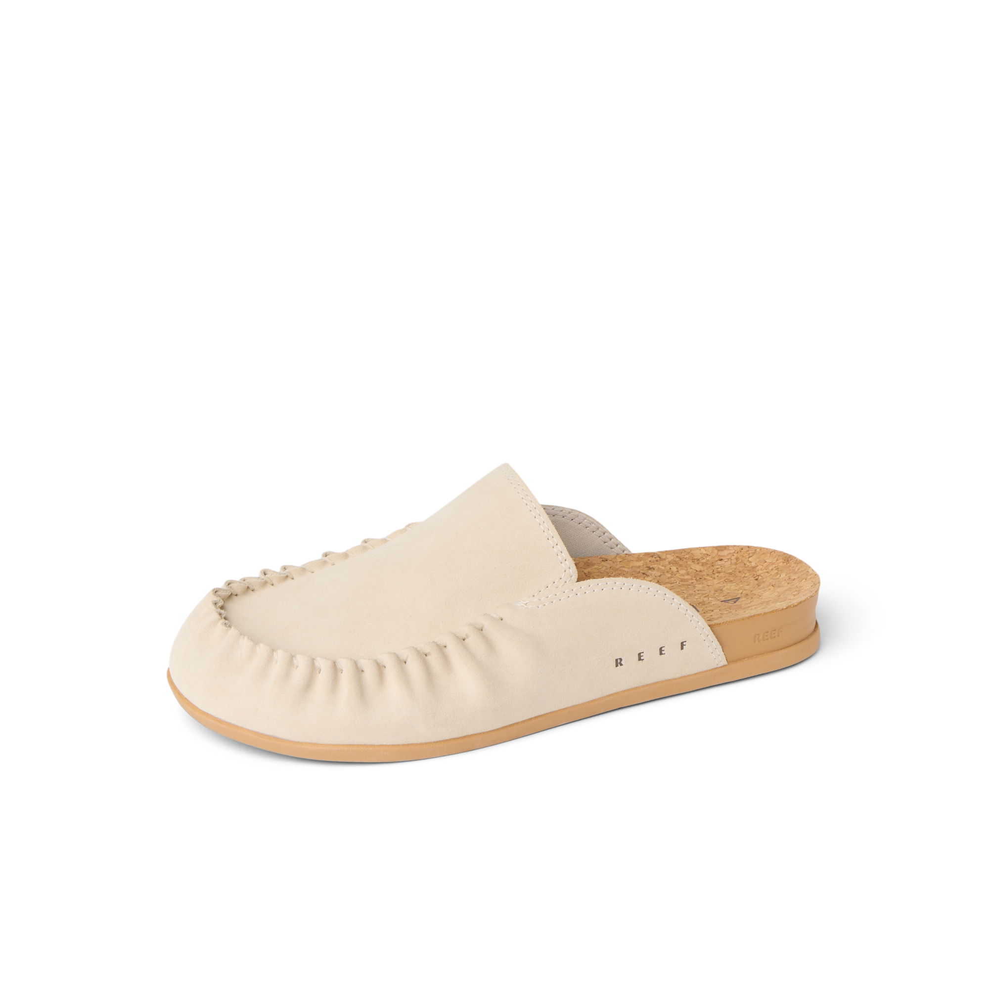 Vista Myra facing left, women's warm sand leather slip-on clog with soft cork footbed and enhanced arch support for comfort