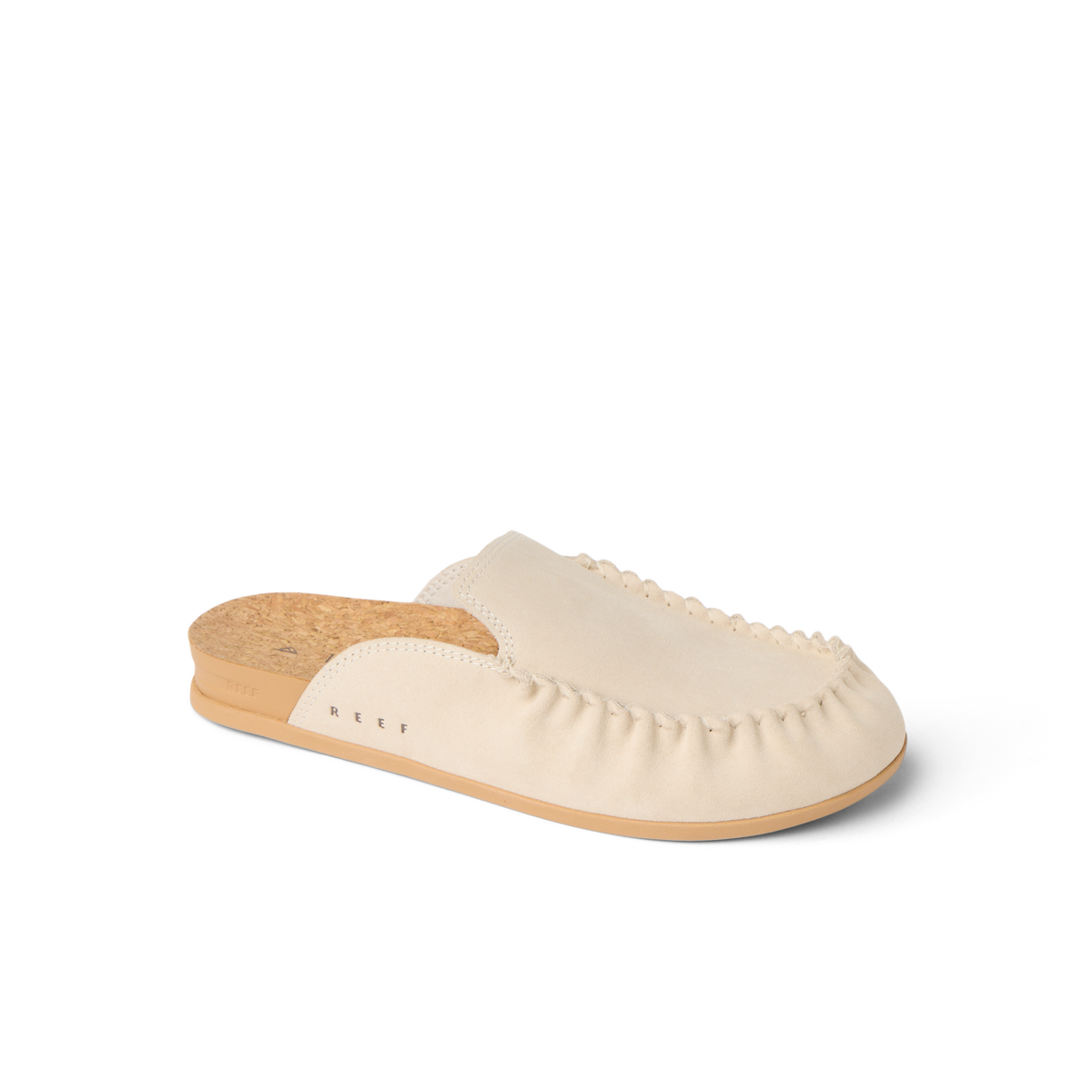 Vista Myra facing right, women's warm sand leather slip-on clog with ruched upper and anatomical arch support for all-day comfort