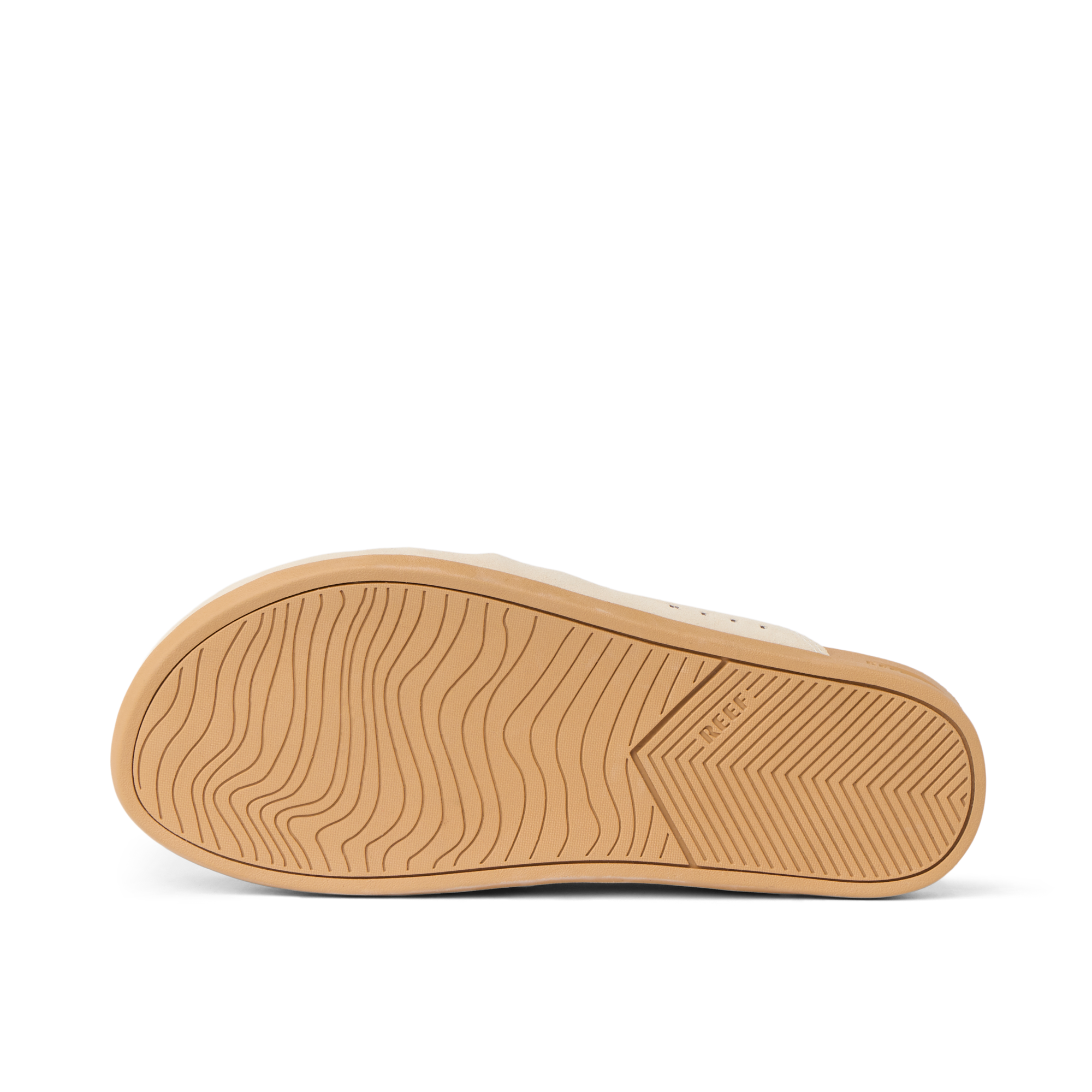 Sole view of Vista Myra in warm sand leather with wave-patterned rubber outsole for grip and durability, facing up.