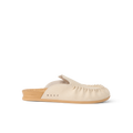 Vista Myra facing left, women's tan leather slip-on clog with ruched upper, anatomical arch support, and soft cushioning for comfort.