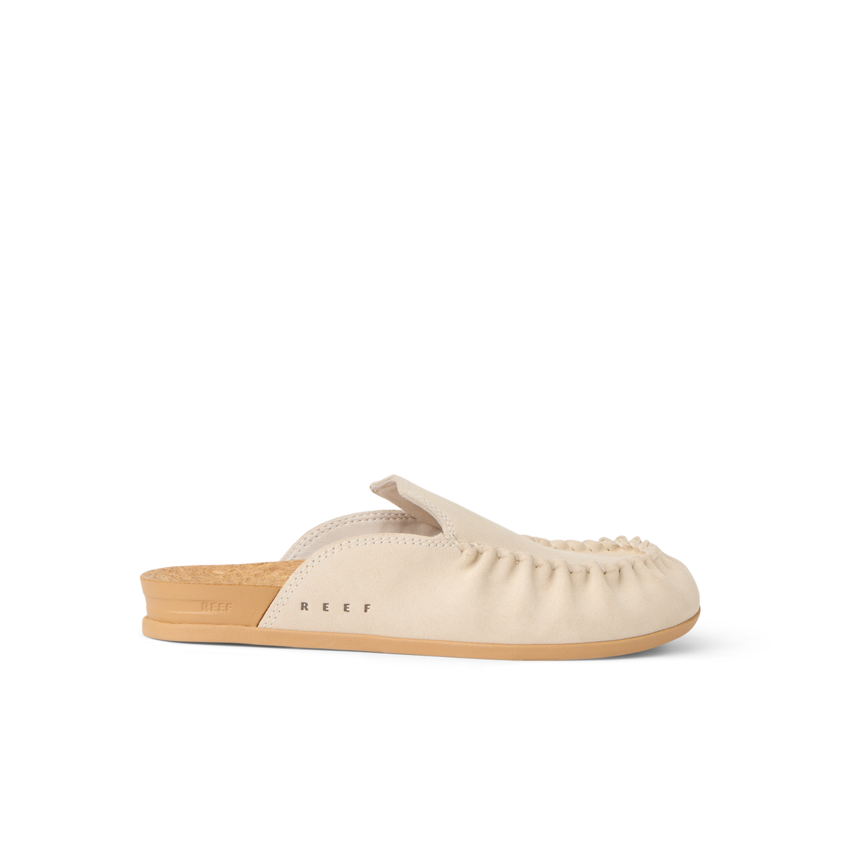 Vista Myra facing left, women's tan leather slip-on clog with ruched upper, anatomical arch support, and soft cushioning for comfort.