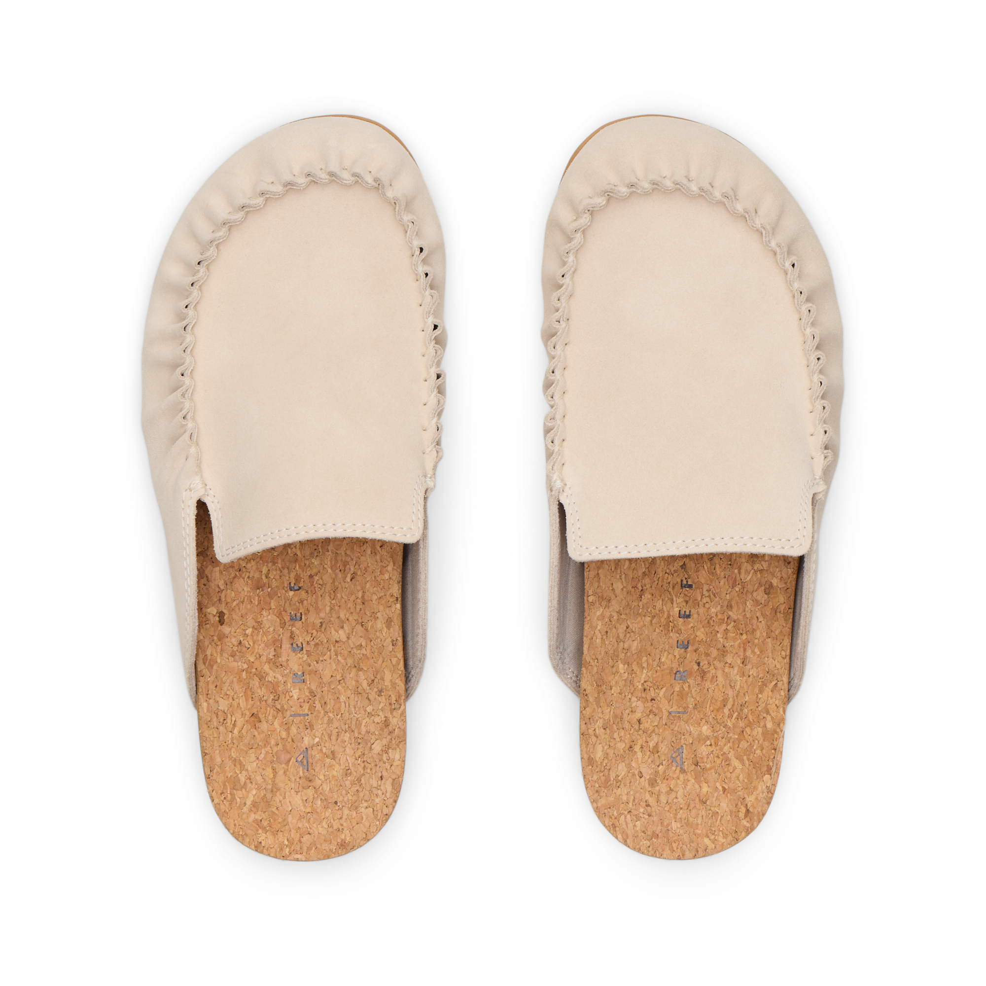Top view of Vista Myra in warm sand leather with ruched upper, cork footbed, and soft-rebound cushioning for all-day comfort.