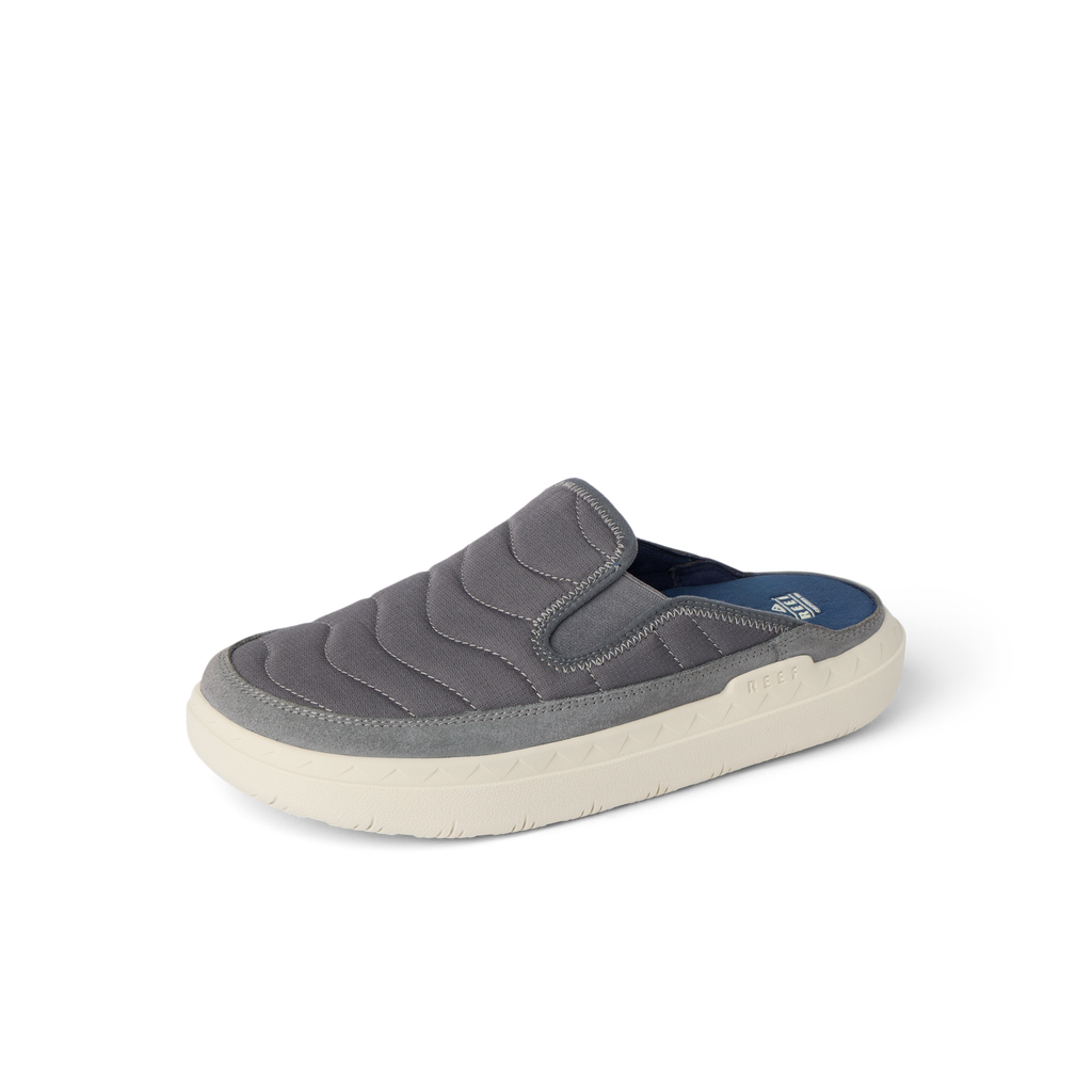 Rambler Kicker mule facing right with grey cushioned upper, memory foam footbed, and durable white EVA outsole for comfort