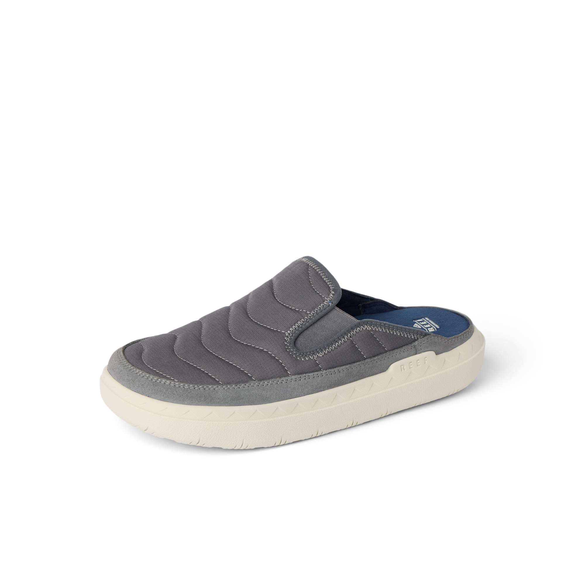 Rambler Kicker mule facing right with grey cushioned upper, memory foam footbed, and durable white EVA outsole for comfort