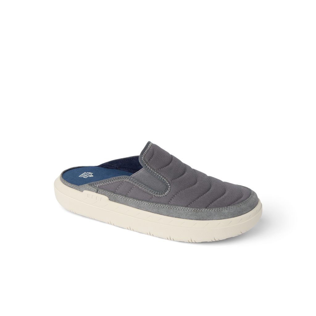 Rambler Kicker mule facing right with grey cushioned upper, memory foam footbed, and lightweight EVA sole for all-day comfort