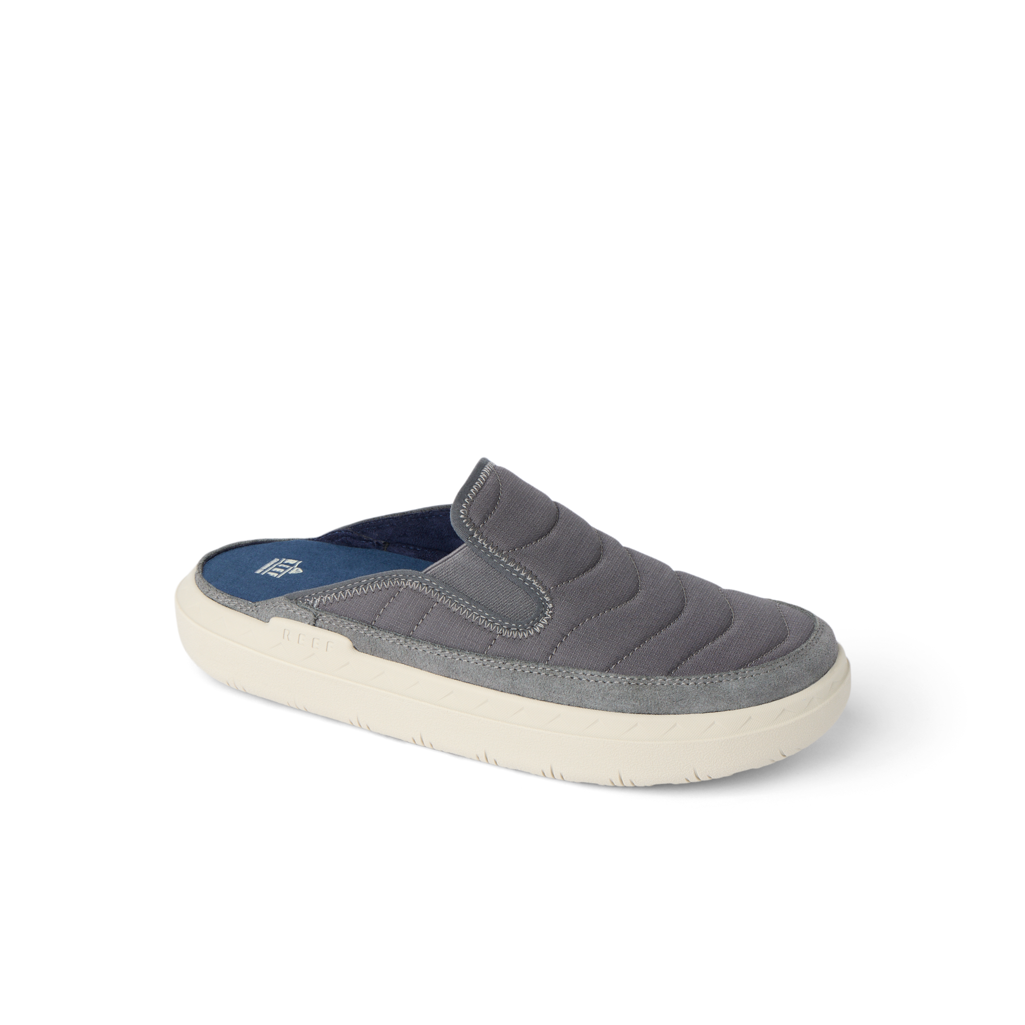 Rambler Kicker mule facing right with grey cushioned upper, memory foam footbed, and lightweight EVA sole for all-day comfort