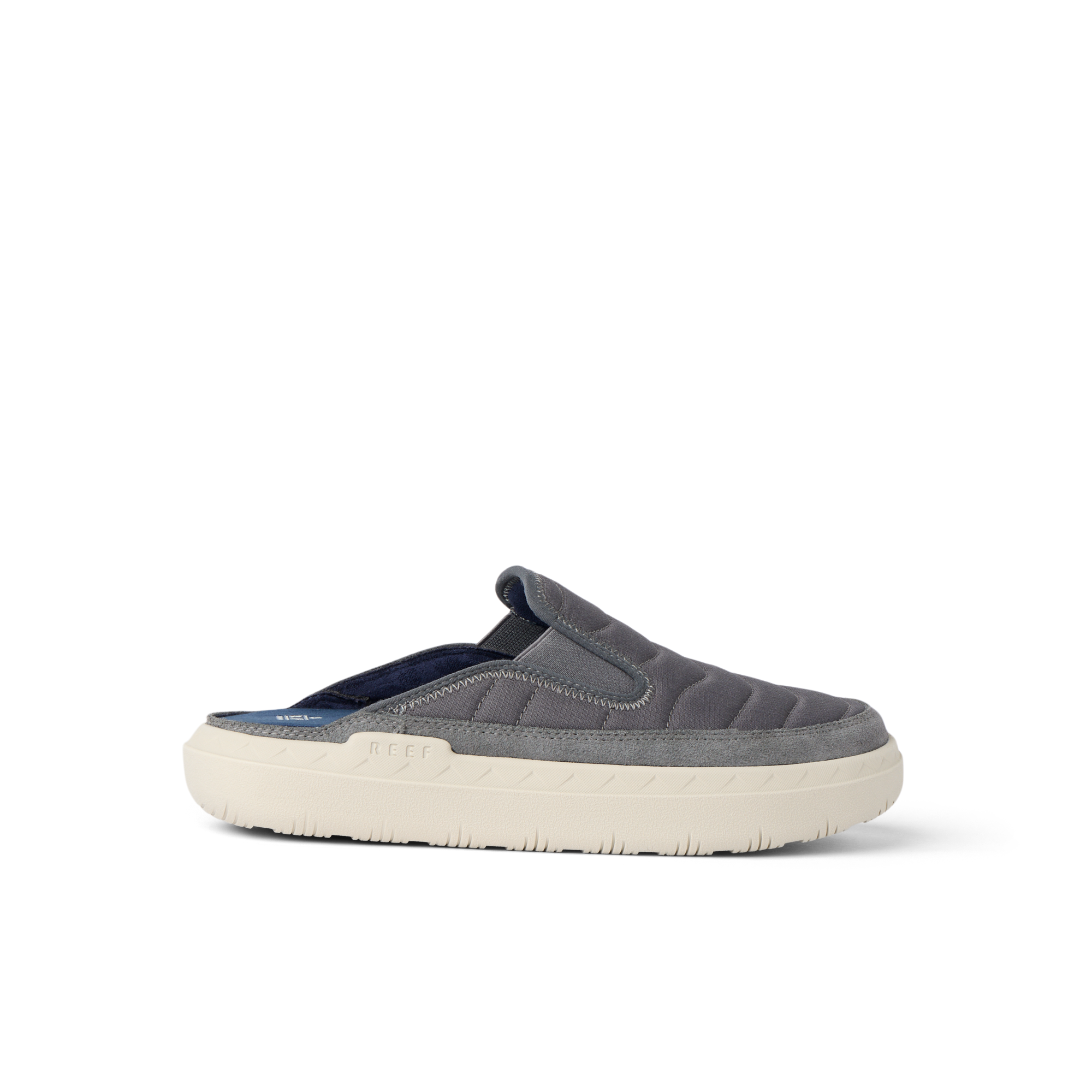 Rambler Kicker mule facing left with cushioned memory foam footbed and lightweight EVA outsole in charcoal grey for everyday comfort