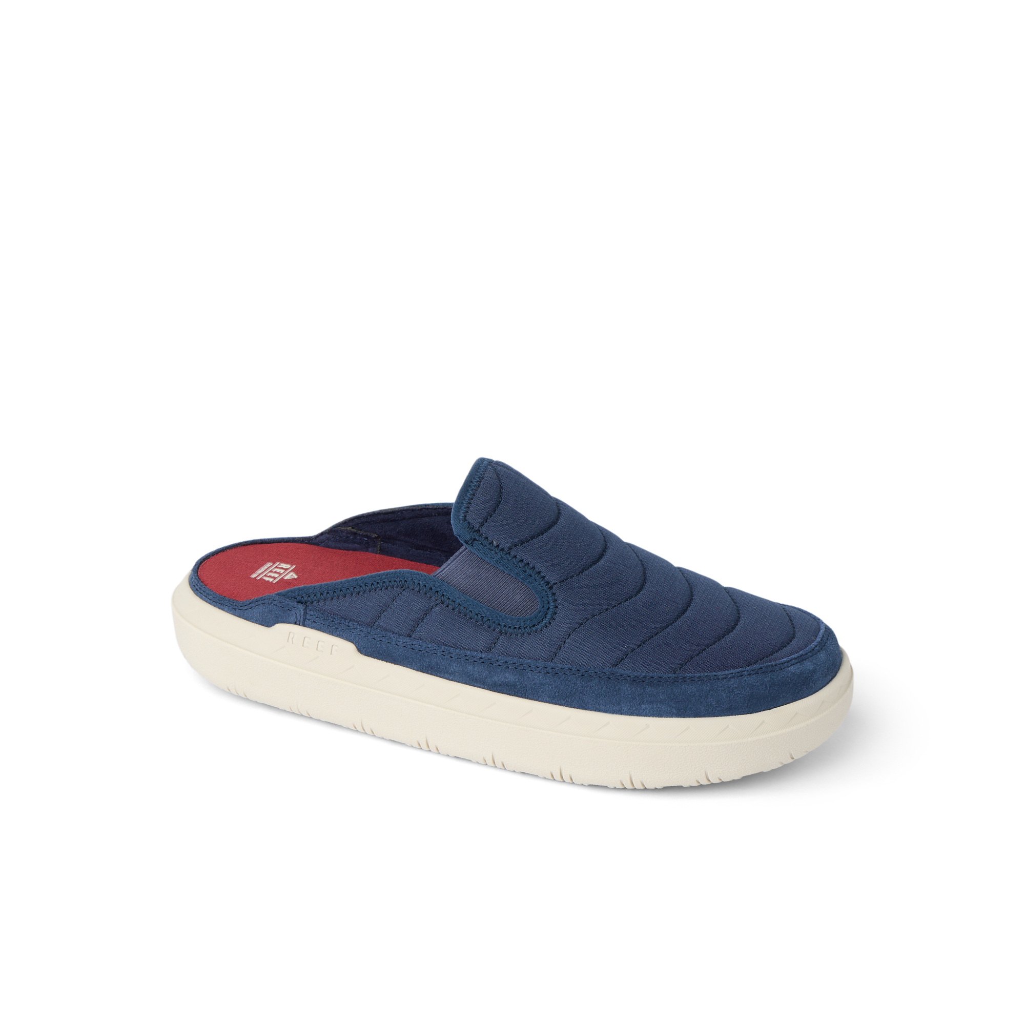 Rambler Kicker mule facing left in navy with cushioned memory foam footbed and lightweight EVA sole for durable comfort