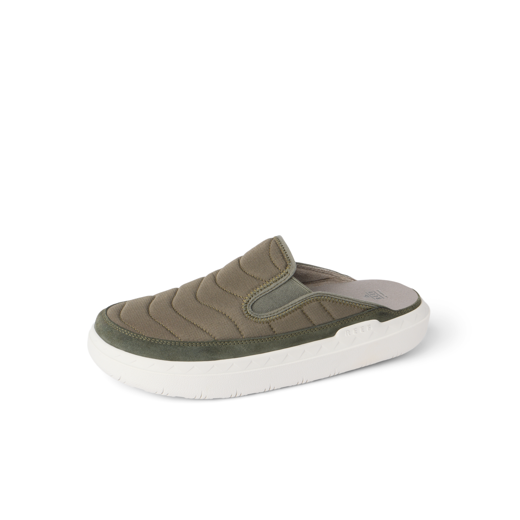 Rambler Kicker mule facing left in olive with quilted upper, cushioned memory foam footbed, and lightweight EVA outsole for comfort